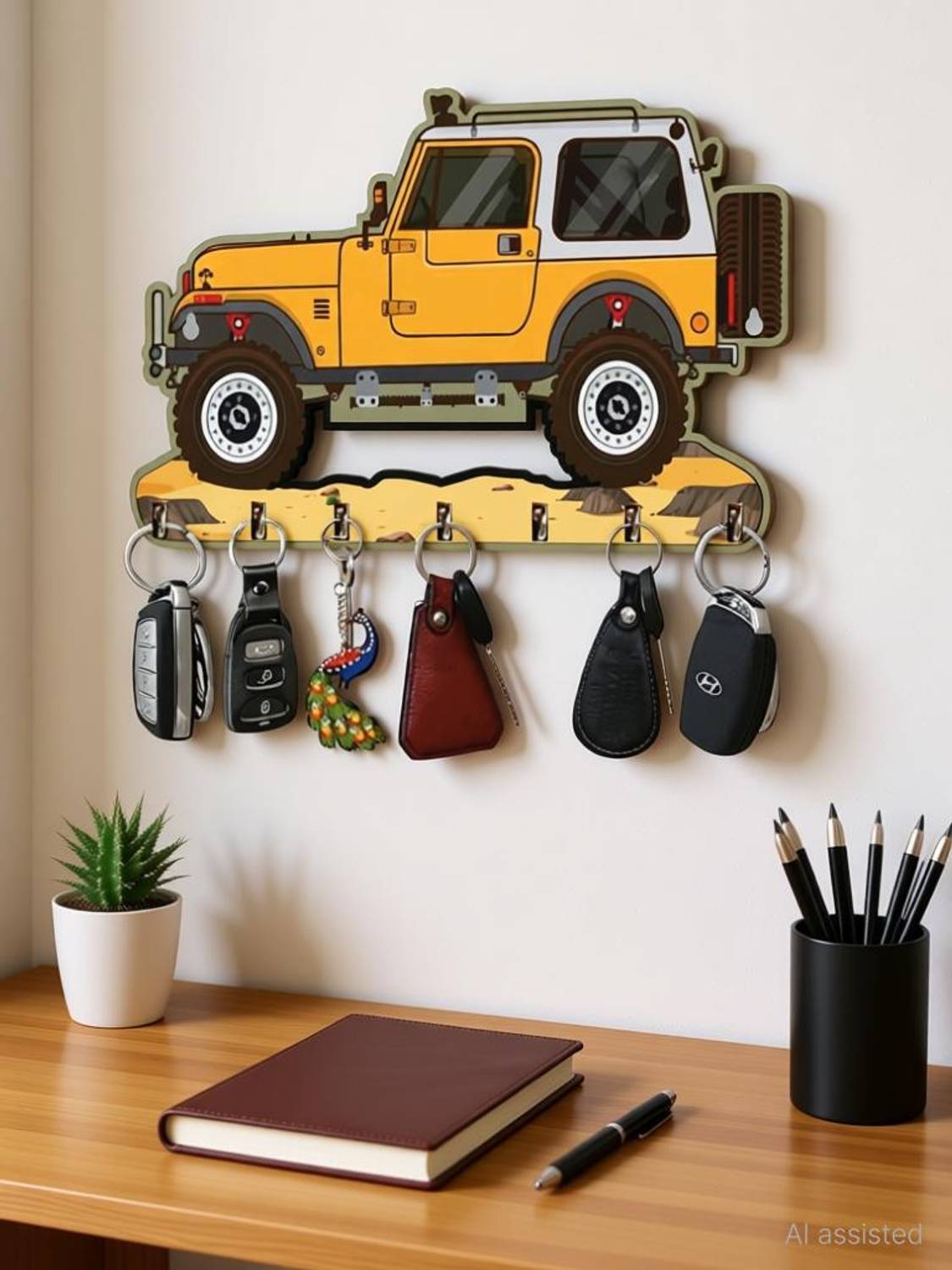 CAPIO ART Designer Premium HD UV Printed Thar Car Shape designer Home And Office Decor Wood Key Holder