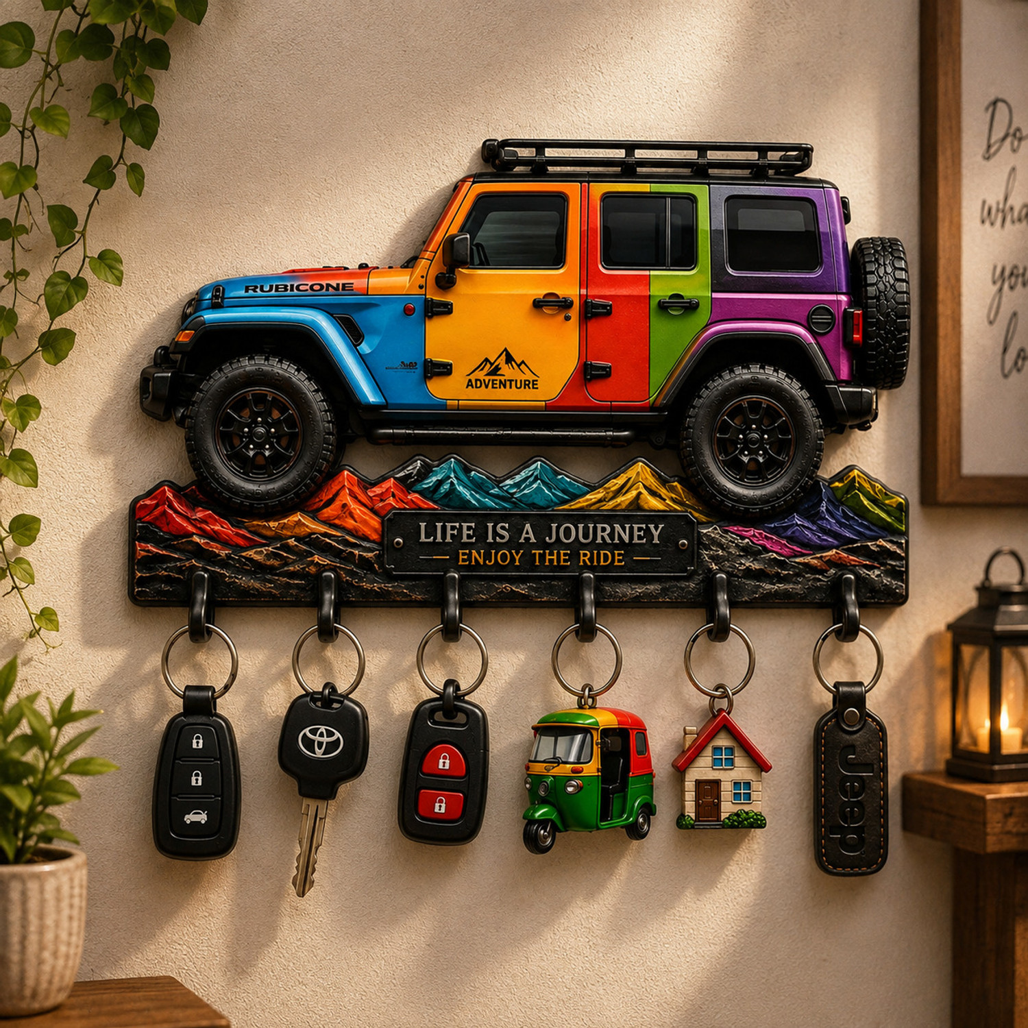 Image of Shivmaan Art Adventure Jeep Key Holder - Stylish Wall-Mounted Key Organizer For Car Lovers Wood Key Holder