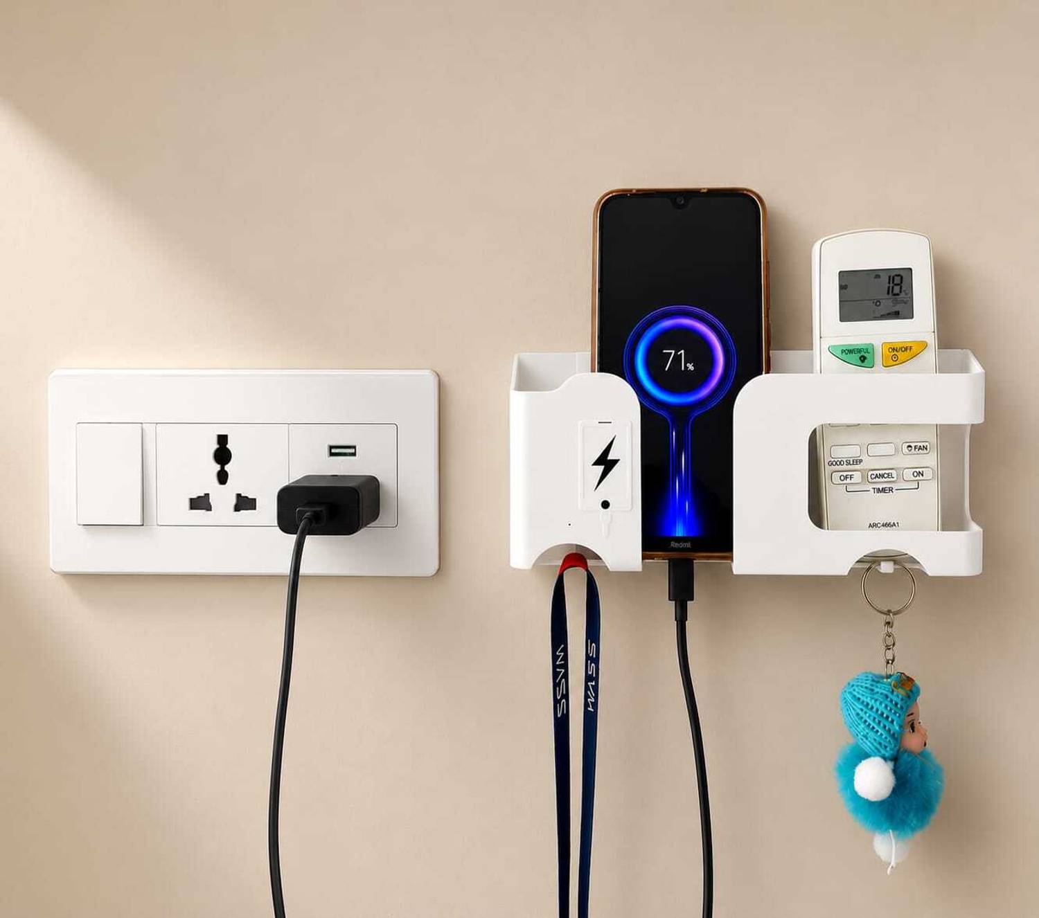 Yumei Multipurpose Wall Mounted Mobile charging Stand with Key chain & Remote Holder Plastic Key Holder