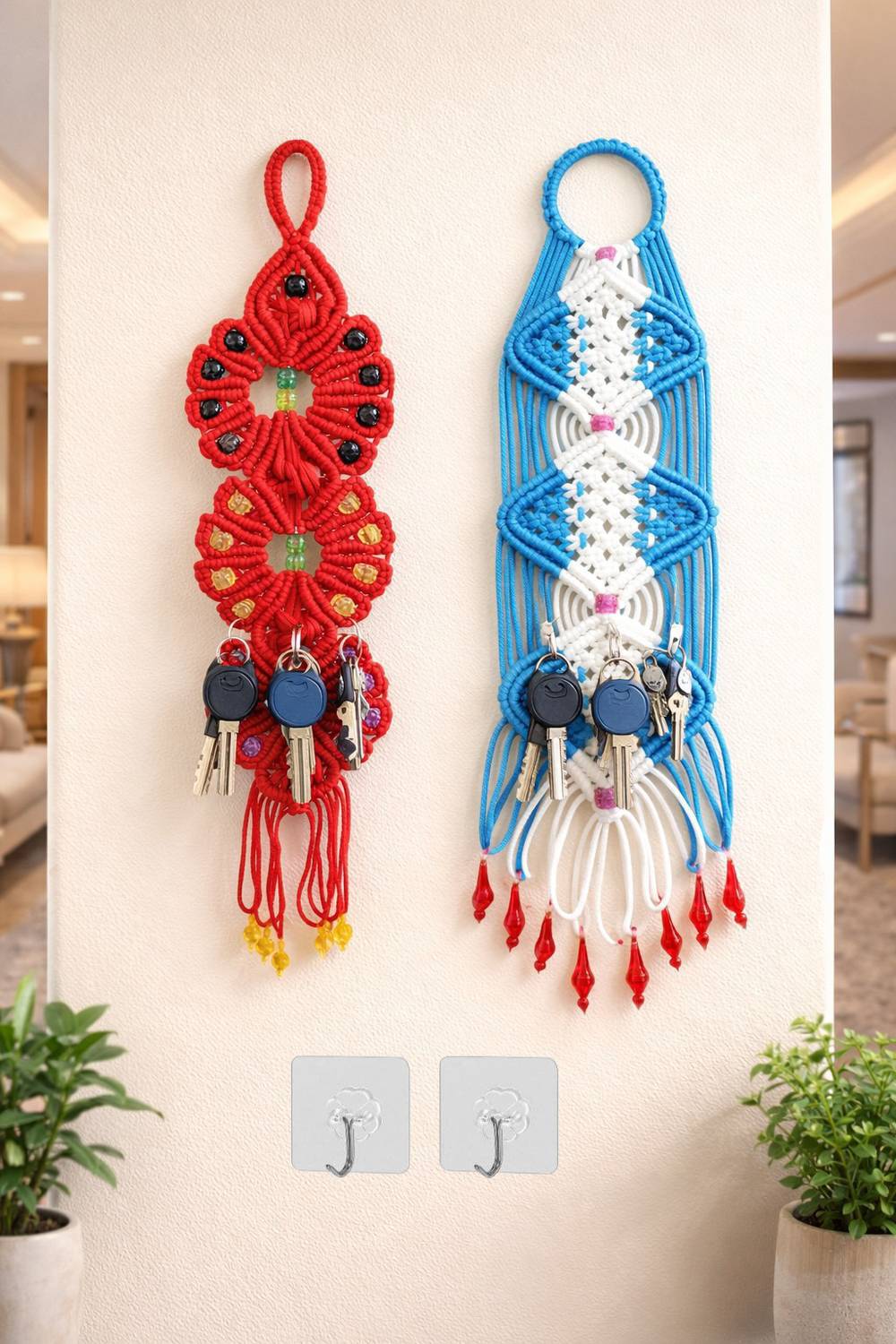 bisa Macrame Decorative Wall Hanging Combo Pack Free 2 Self Adhesive Hooks No Drill Cotton Key Holder