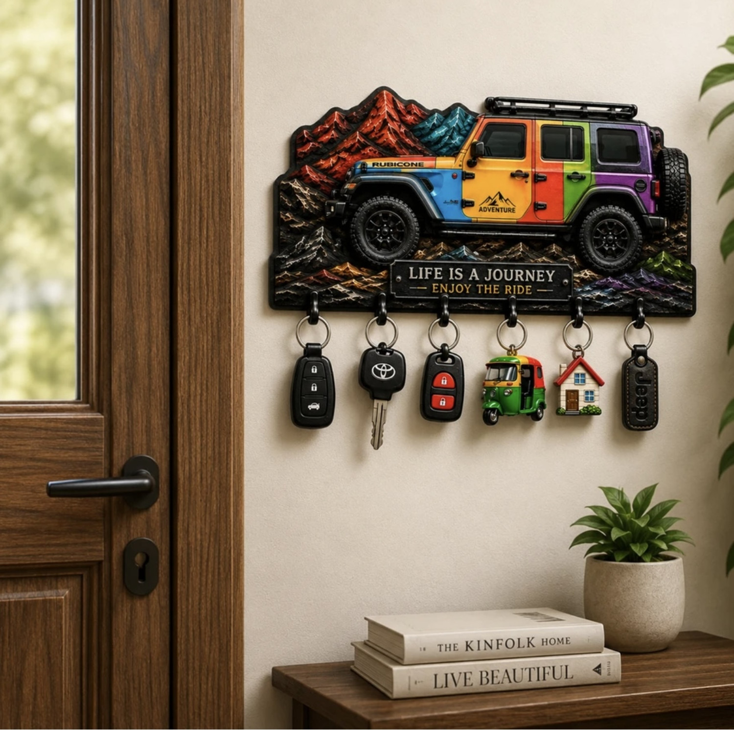 Image of Shivmaan Art Adventure Jeep Key Holder - Stylish Wall-Mounted Key Organizer For Car Lovers Wood Key Holder