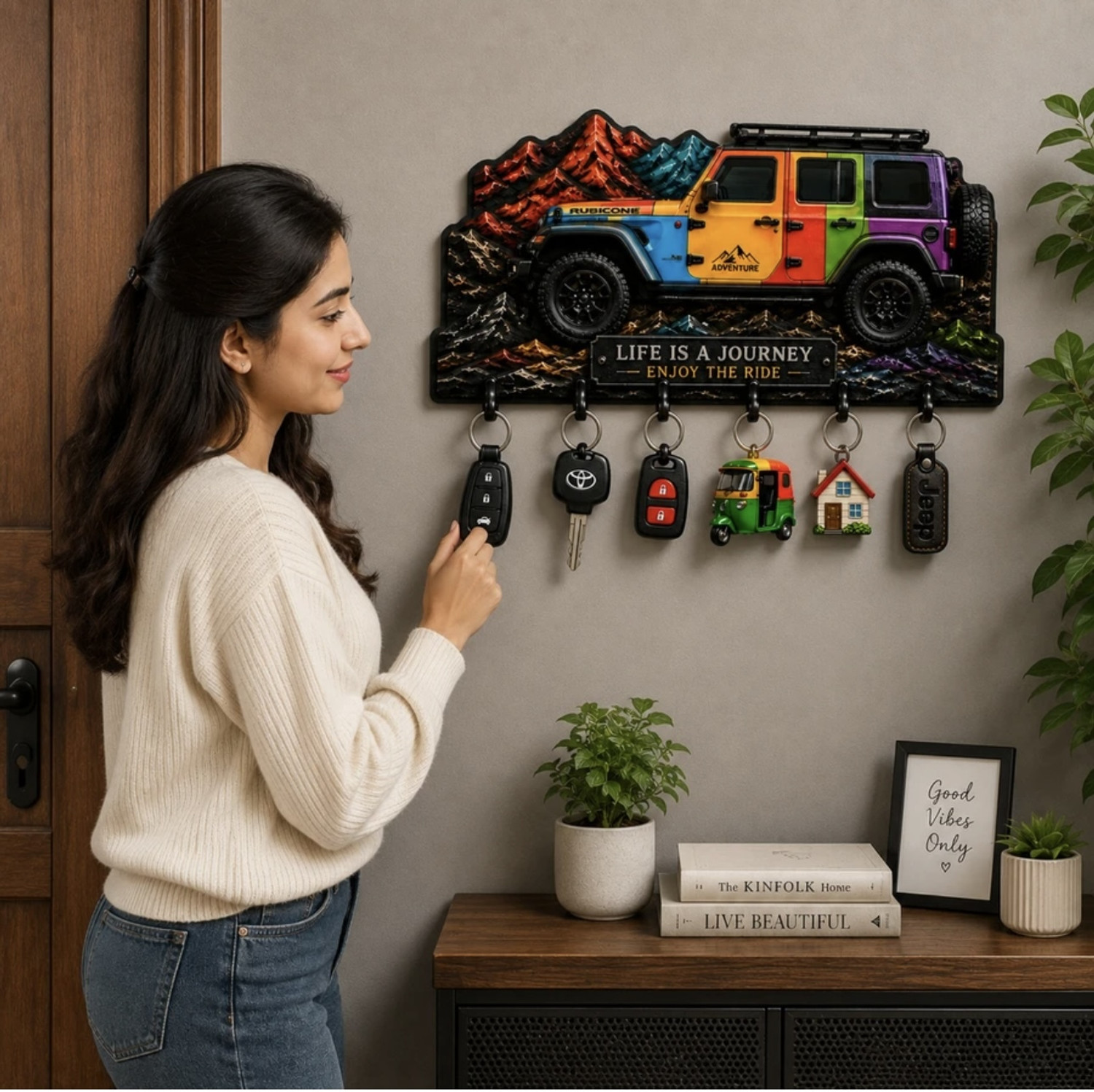 Image of Shivmaan Art Adventure Jeep Key Holder - Stylish Wall-Mounted Key Organizer For Car Lovers Wood Key Holder