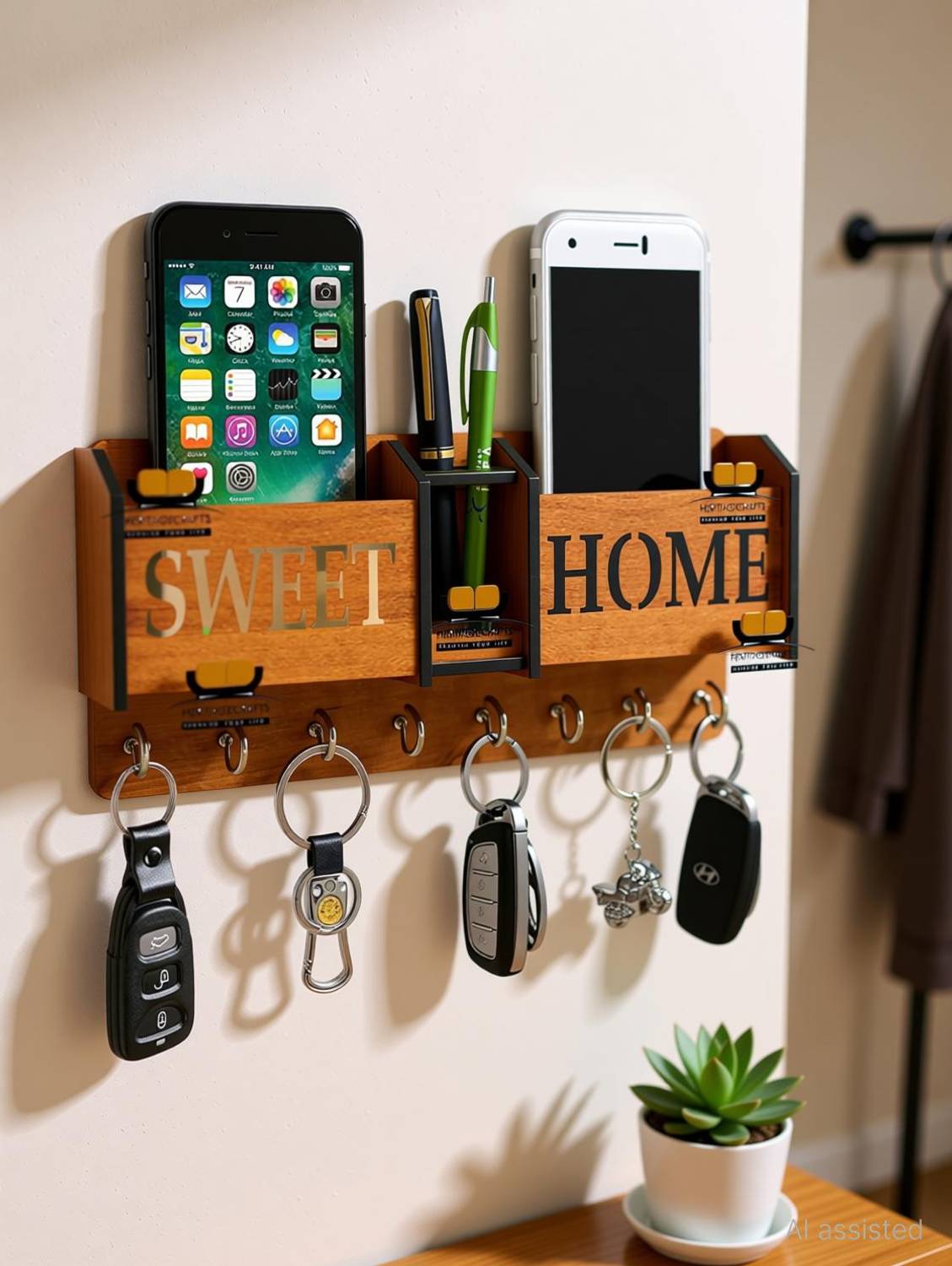 Akshita crafts 2 Shelf Mobile Stand and Pen holder Wood Key Holder