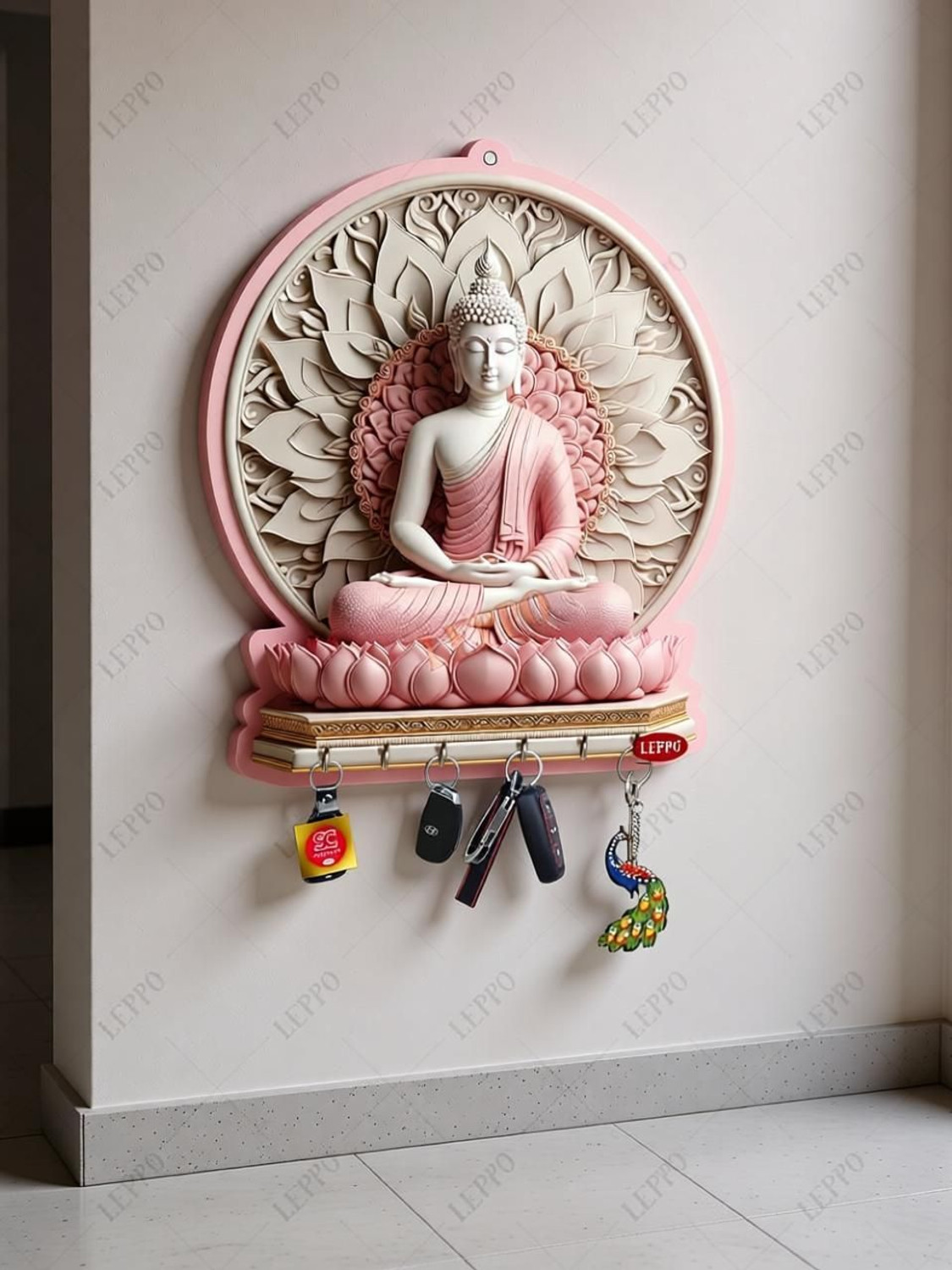 Image of LEPPO Buddha Key holder for living room wall decor Key stand key hanger Home decor Wood Key Holder (6 Hooks, Multicolor)