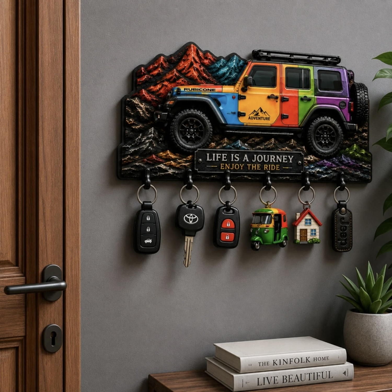 Image of Shivmaan Art Adventure Jeep Key Holder - Stylish Wall-Mounted Key Organizer For Car Lovers Wood Key Holder