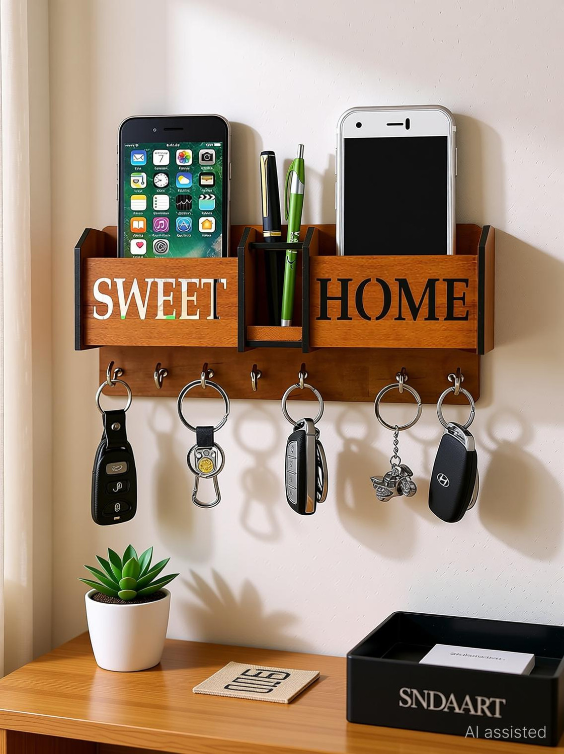 Image of SNDArt Home Decor items | Key Holder For Wall | Mobile Holder For Wall | Key Stand Wood Key Holder