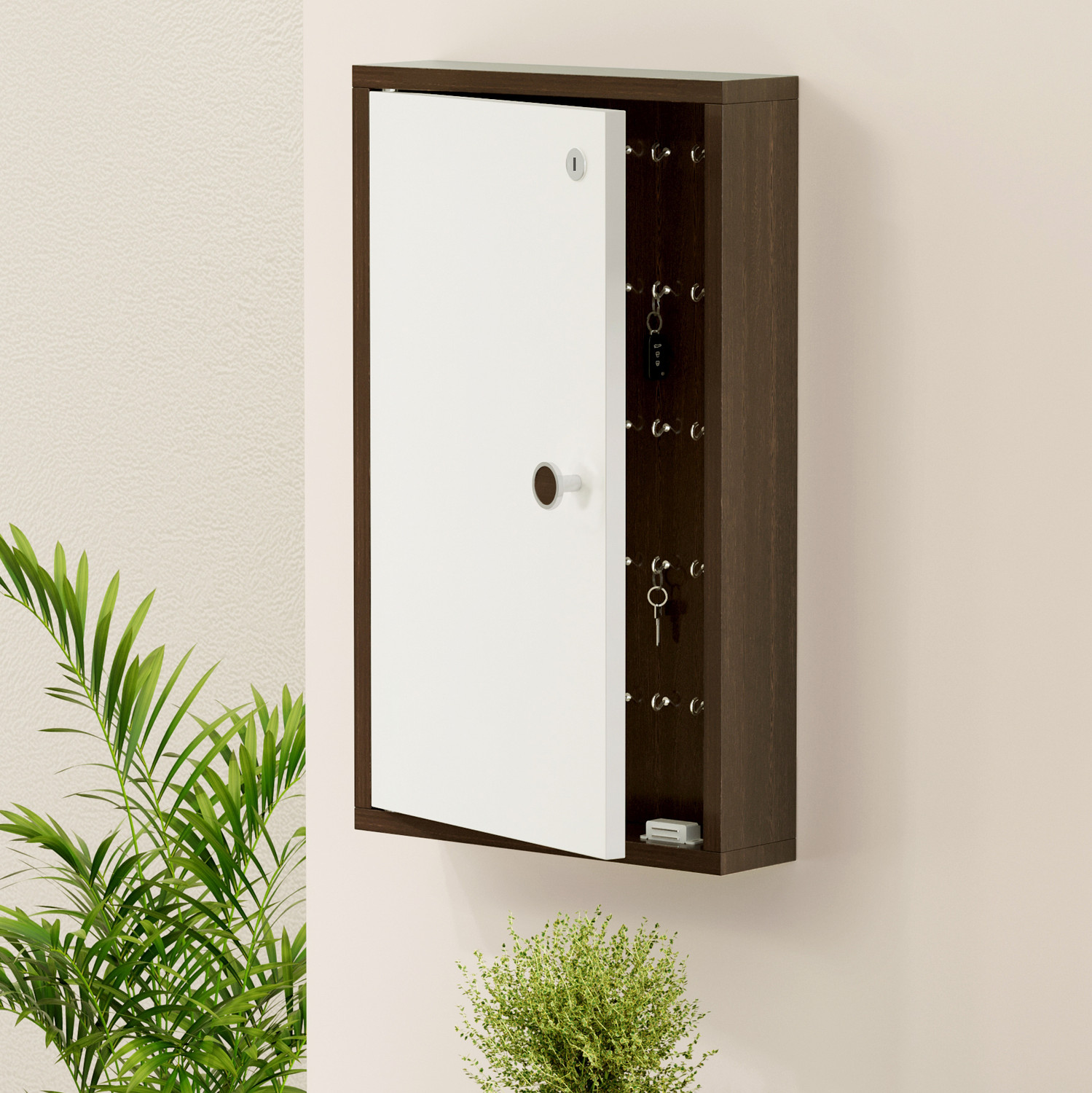 Image of BLUEWUD Torene Wall Mount Key Box Cabinet, Key Holder with Locker Upto 40 Keys Wood Key Holder