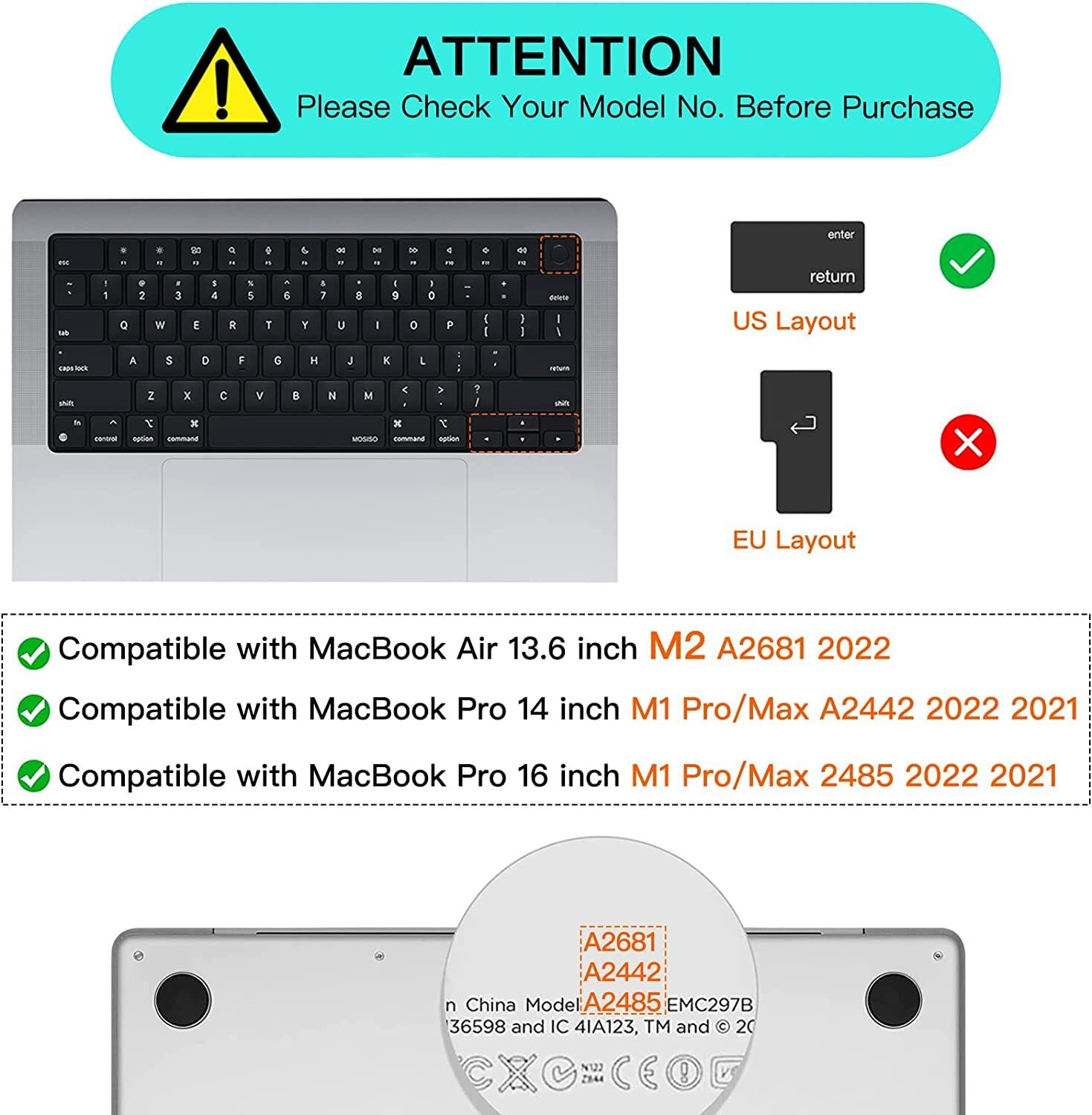 Image of oaky Keyboard Cover Skin for 2024-2021 MacBook Air 13.6 inch & 15.3 inch M2 M3 Chip [A3113 A2681 A3114 A2941] |Pro 14.2 inch 16.2 inch M1 Pro / M1 Max Chip Keyboard Skin