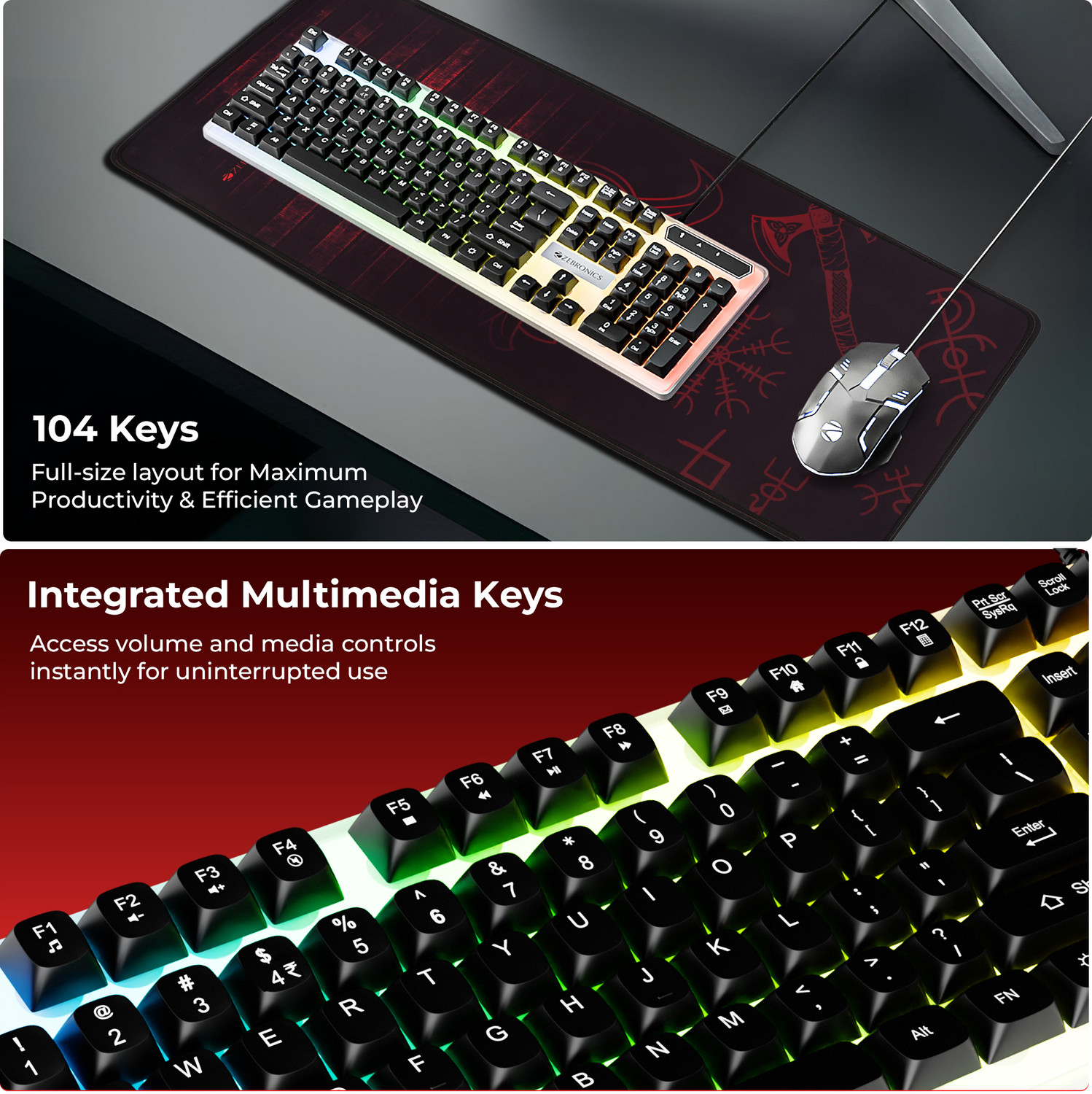 Image of ZEBRONICS Zeb-KKB 4 (Zeb-War 2) White+Black Wired USB Standard Gaming Keyboard Compatible with Desktop, Laptop