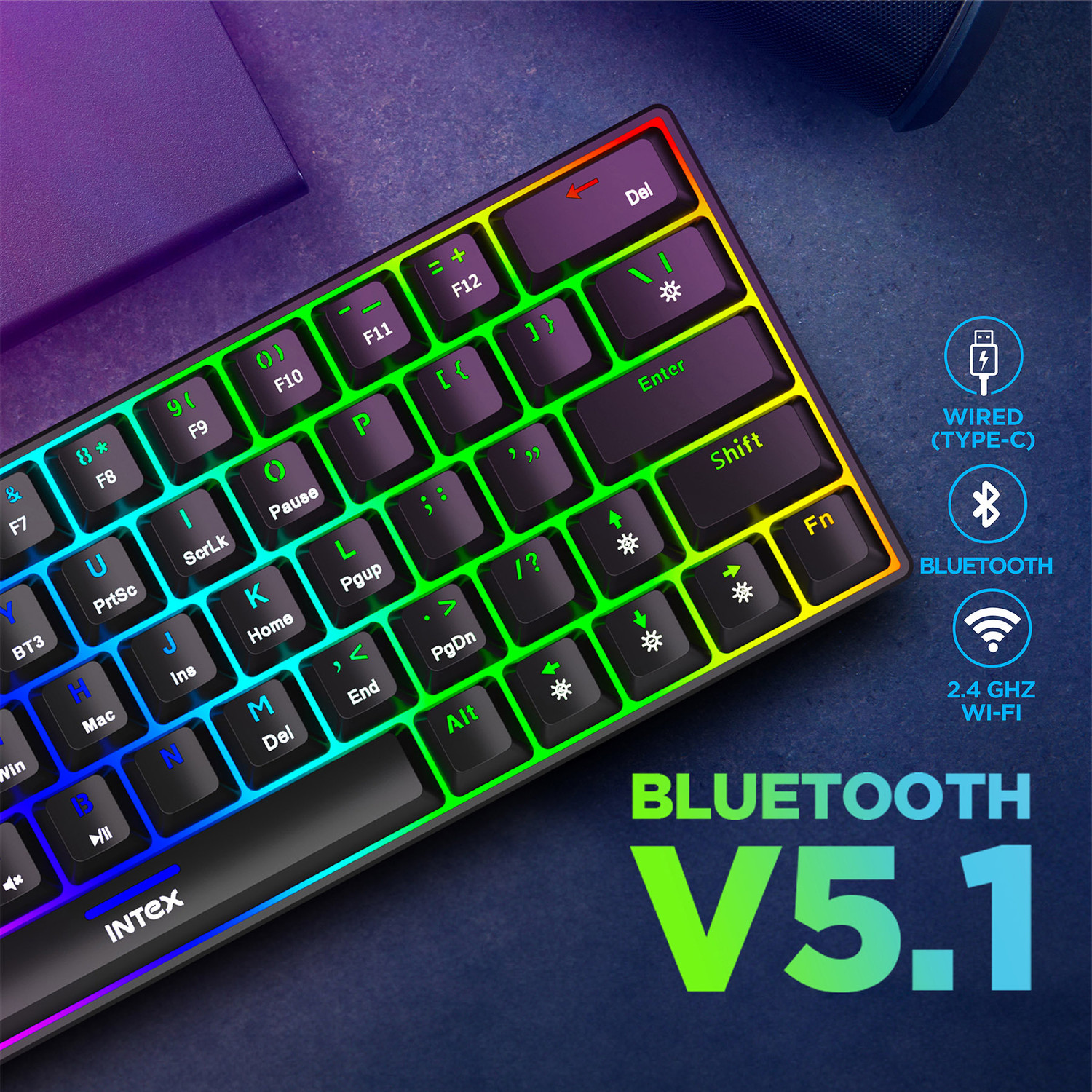 Image of Intex Caliber Pro Keyboard RGB LED light Mechanical blue switch IT-WLKB011 Wireless Standard Gaming Keyboard Compatible with Desktop, Laptop, Mac Caliber Pro