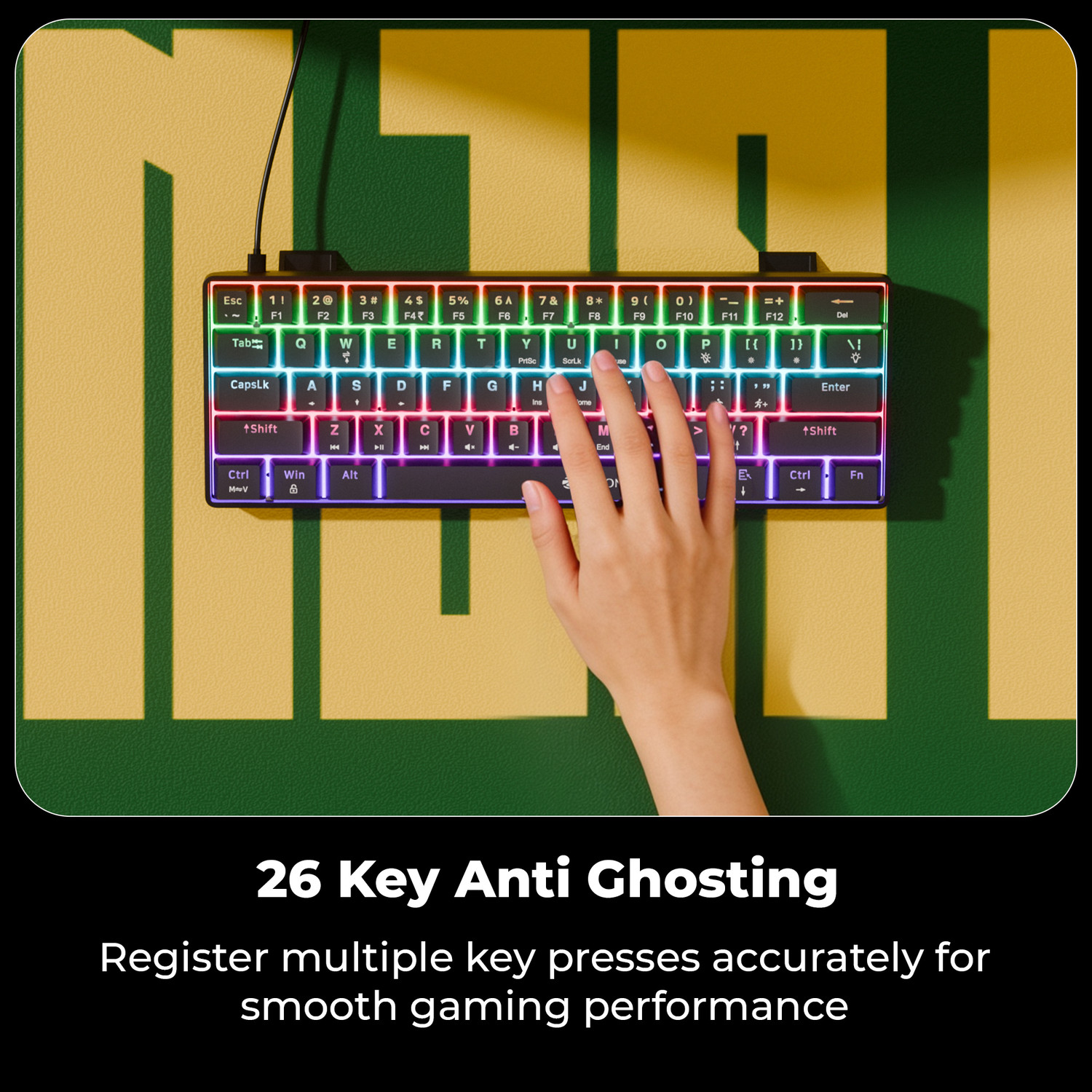 Image of ZEBRONICS ZEB-MK1 Wired USB Tenkeyless Gaming Keyboard Compatible with Desktop, Laptop, Mac Silent linear Red Switches, 26 Anti Ghosting, Double shot KeyCaps, 17 LED Modes, 61 keys,Mechanical