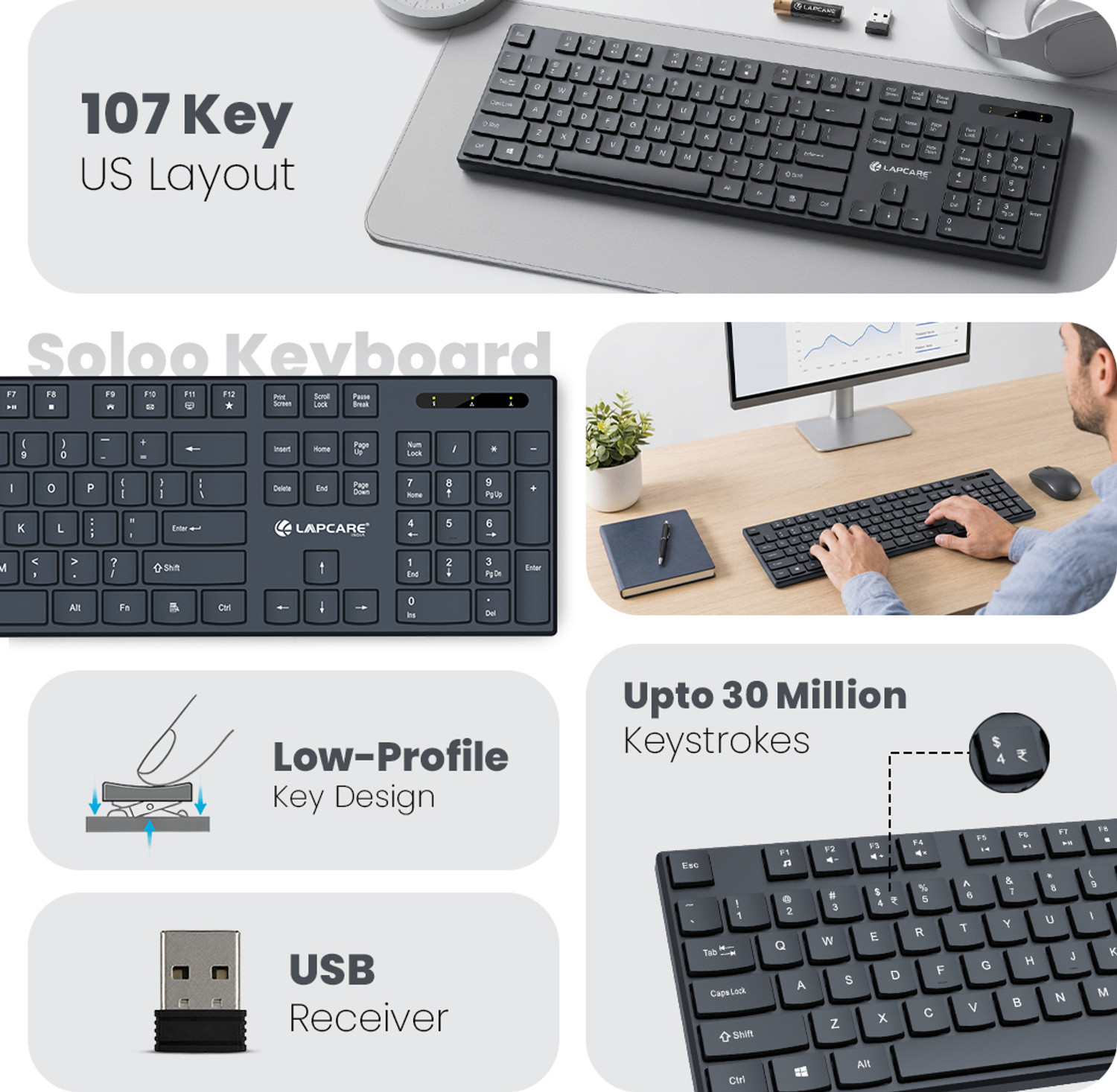 Image of LAPCARE LWK-1119 Wireless Standard Laptop Keyboard Compatible with Desktop, Laptop, Mac with Ergonomic Desktop Design (Black)