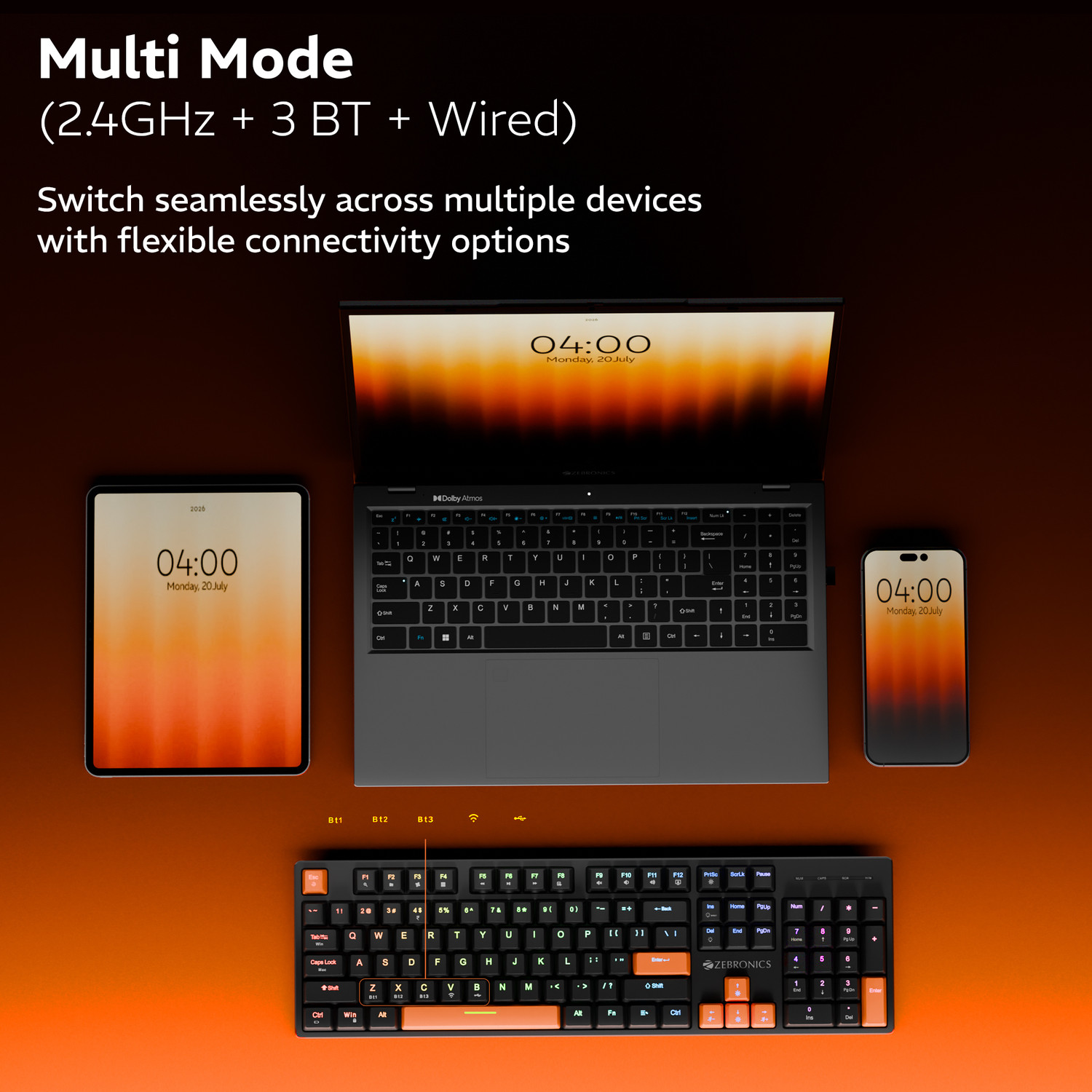 Image of ZEBRONICS ZEB-MWK2 (Black) Bluetooth, Wireless, Wired USB Standard Gaming Keyboard Compatible with Desktop, Laptop, Tablet, Mac Tri-Mode, Rechargeable, N-Key Rollover, Linear Red Switches, 1000Hz Polling Rate,104 Keys, Mechanical