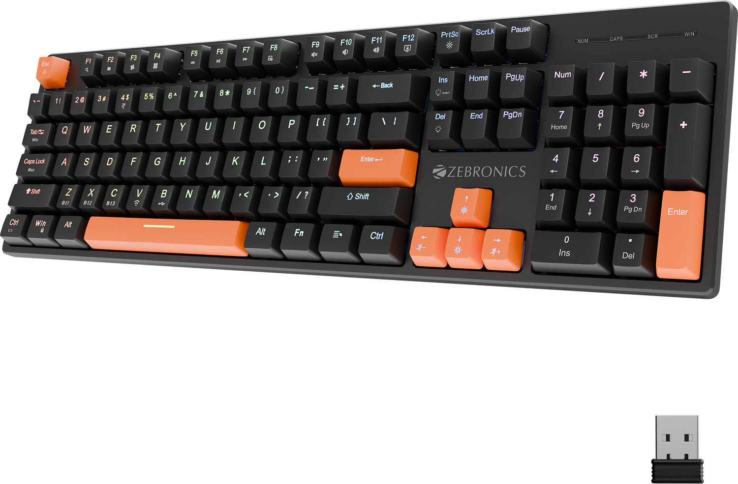 Image of ZEBRONICS ZEB-MWK2 (Black) Bluetooth, Wireless, Wired USB Standard Gaming Keyboard Compatible with Desktop, Laptop, Tablet, Mac Tri-Mode, Rechargeable, N-Key Rollover, Linear Red Switches, 1000Hz Polling Rate,104 Keys, Mechanical