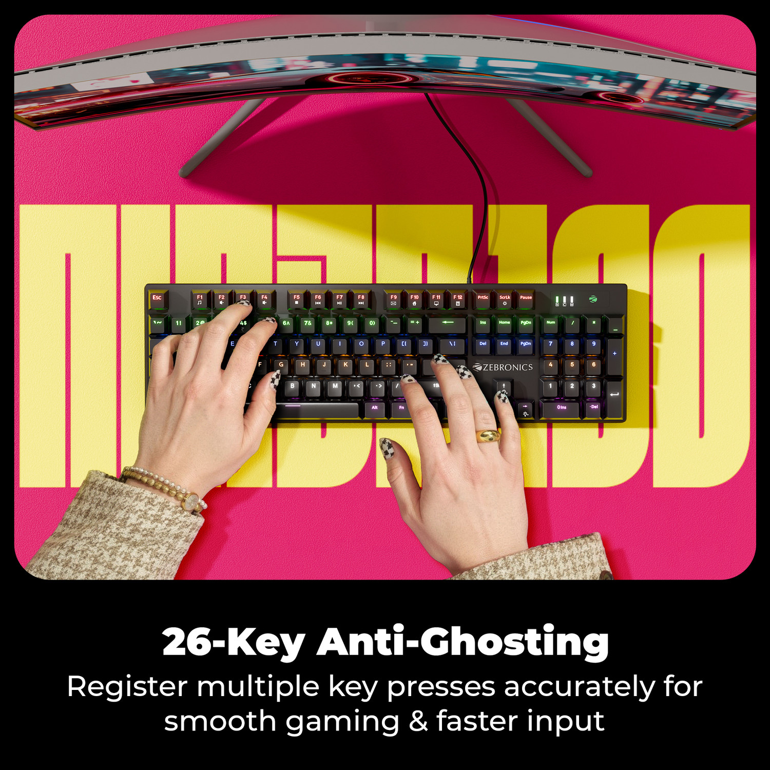 Image of ZEBRONICS ZEB-MK2 Wired USB Standard Gaming Keyboard Compatible with Desktop, Laptop, Mac Mechanical,Silent linear Red Switches, 26 Anti Ghosting, Double shot KeyCaps, 17 LED Modes,104 Keys with 12 Multimedia Keys,Mechanical