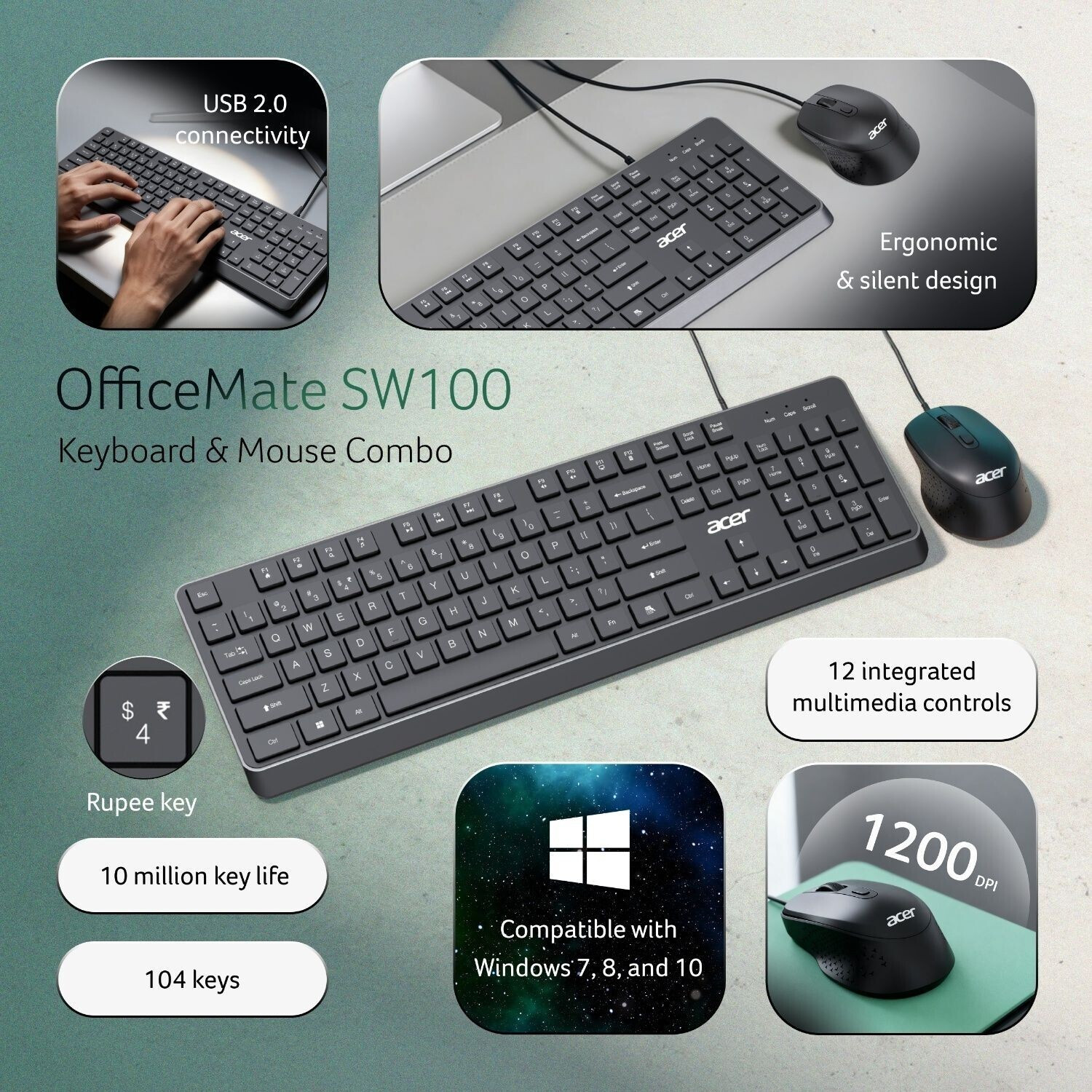 Image of Acer OfficeMate SW100 Wired USB Standard Laptop Keyboard Compatible with Laptop, Desktop