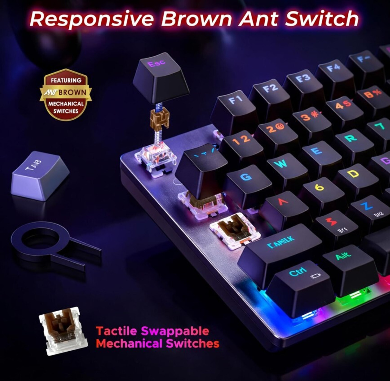 Image of Ant Esports MK4400 pro Brown Switch Wireless, Wired USB, Bluetooth Standard Gaming Keyboard Compatible with Desktop, Laptop, Tablet