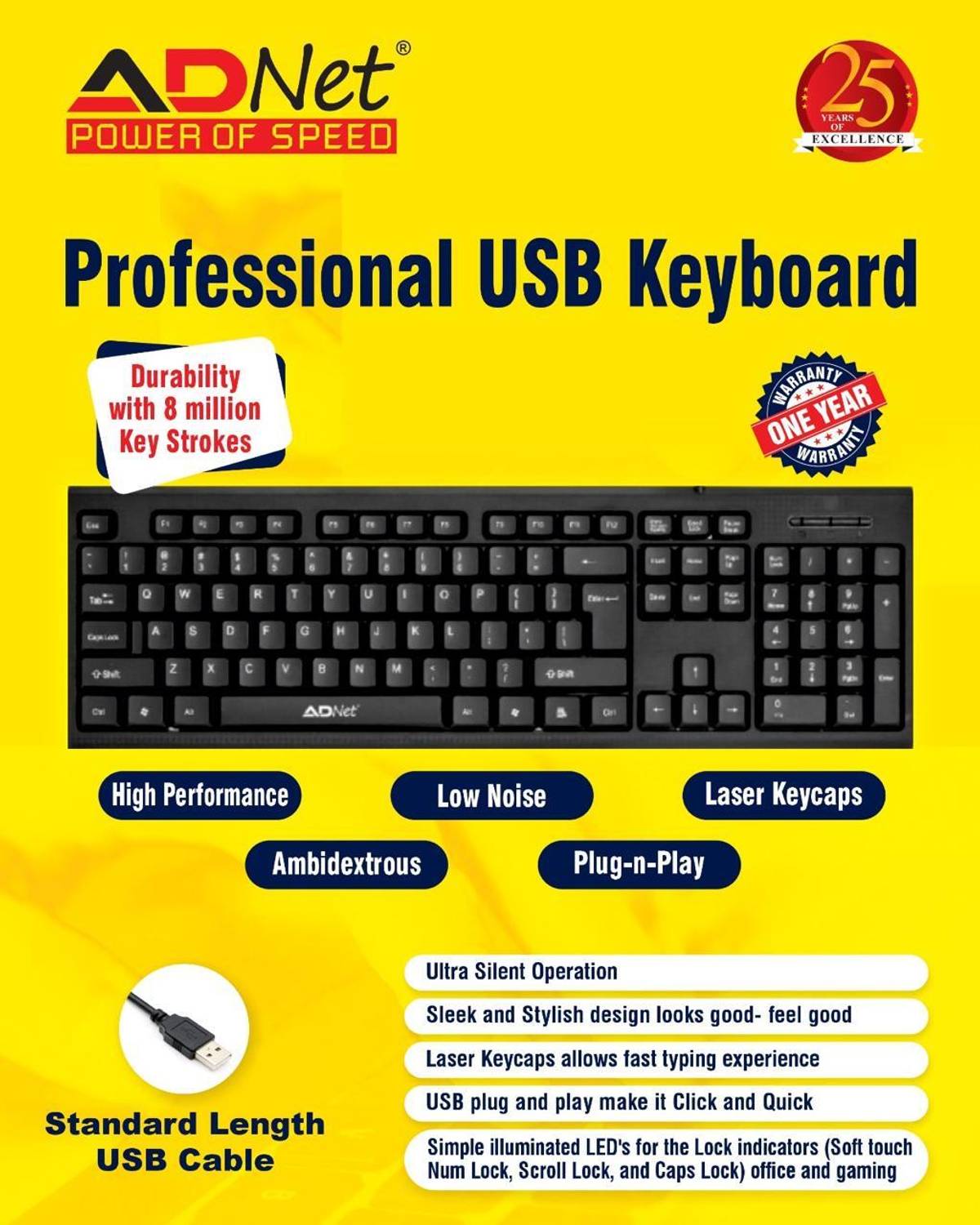 ADNet AD-KB-151 Wired USB Standard Desktop Keyboard Compatible with Desktop, Laptop, Mac