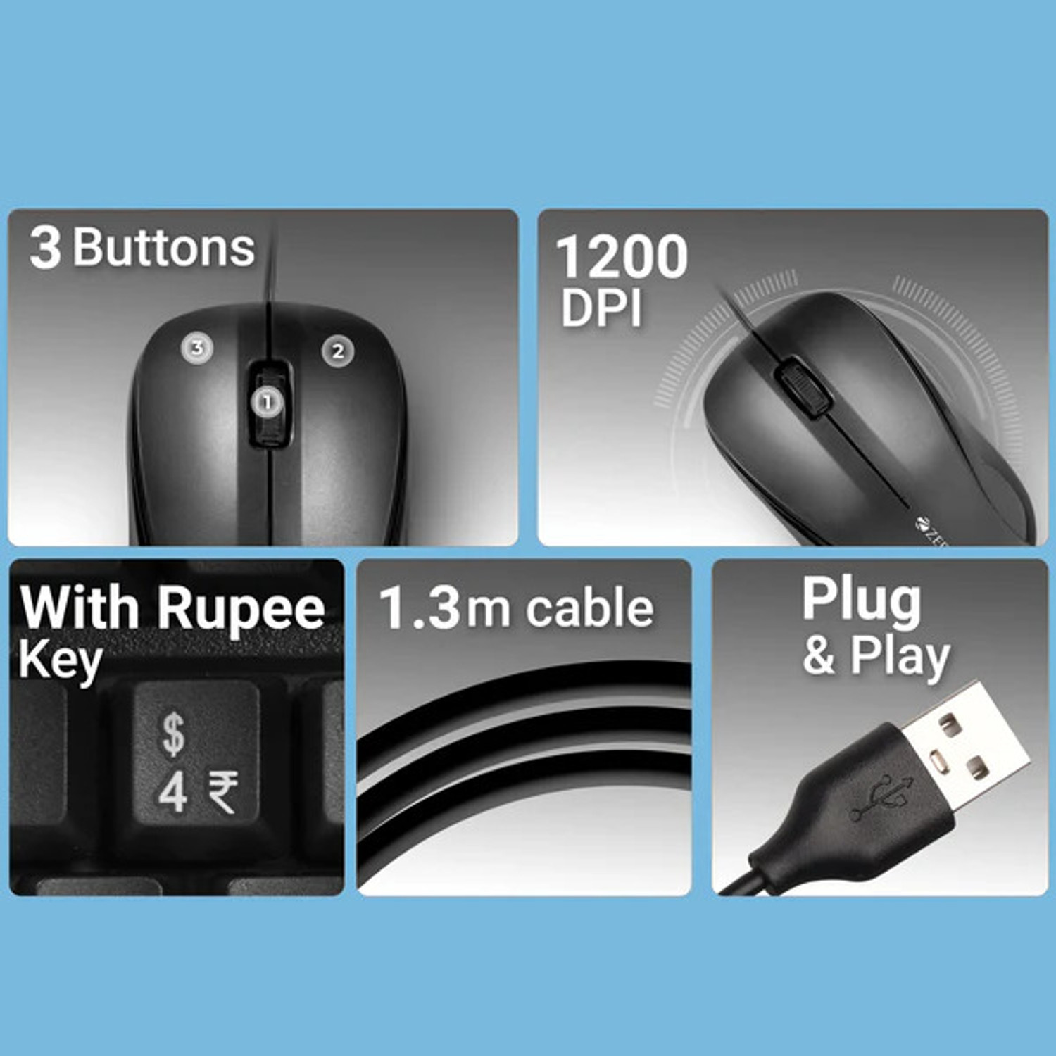 Image of ZEBRONICS Zeb Judwaa 850 Keyboard And Mouse Wired USB Standard Desktop Keyboard Compatible with Desktop, Laptop, Mac