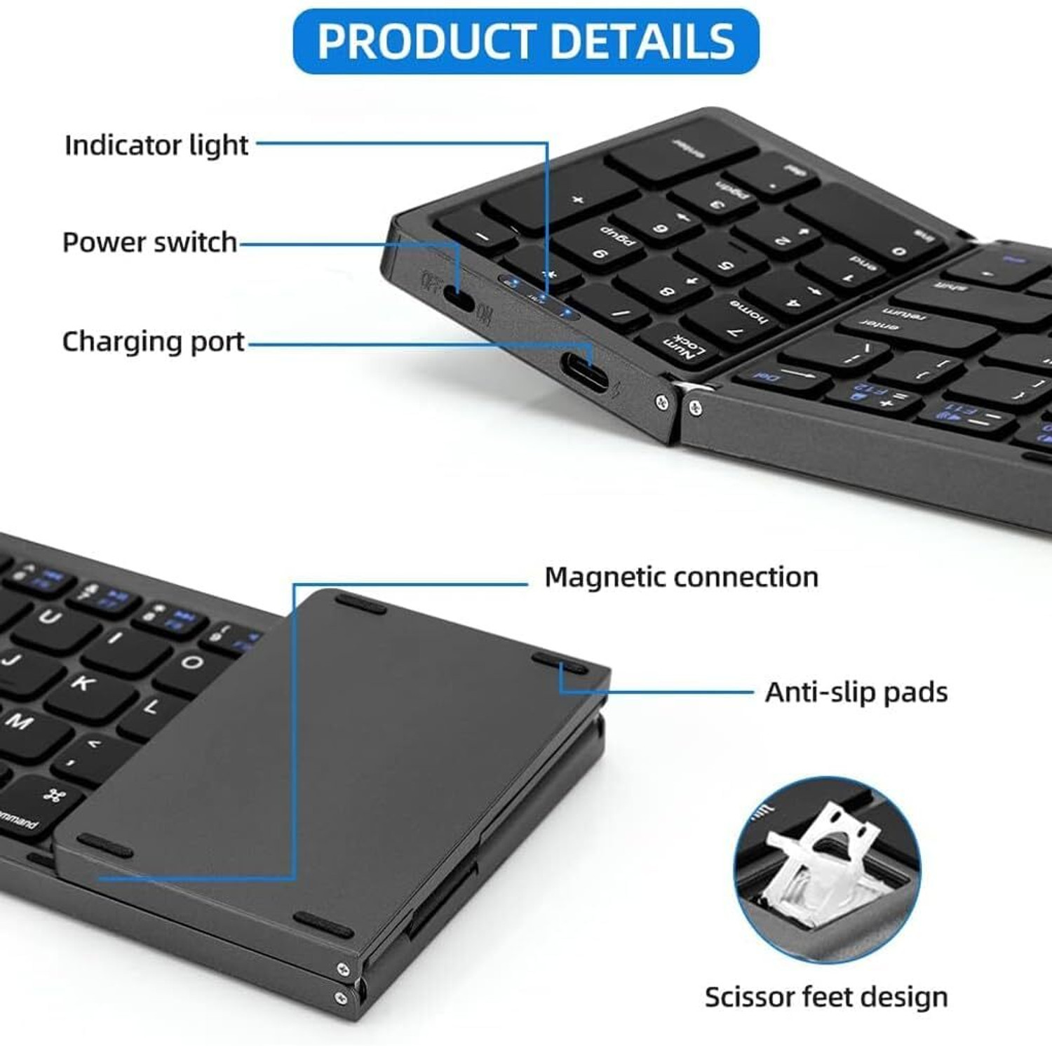 Image of Tobo Foldable Bluetooth Keyboard with Numpad, Wireless Tri-Fold Keyboard TD-B089 PS2 Handheld Desktop Keyboard Compatible with Desktop, Laptop, Mac, Tablet, iPad