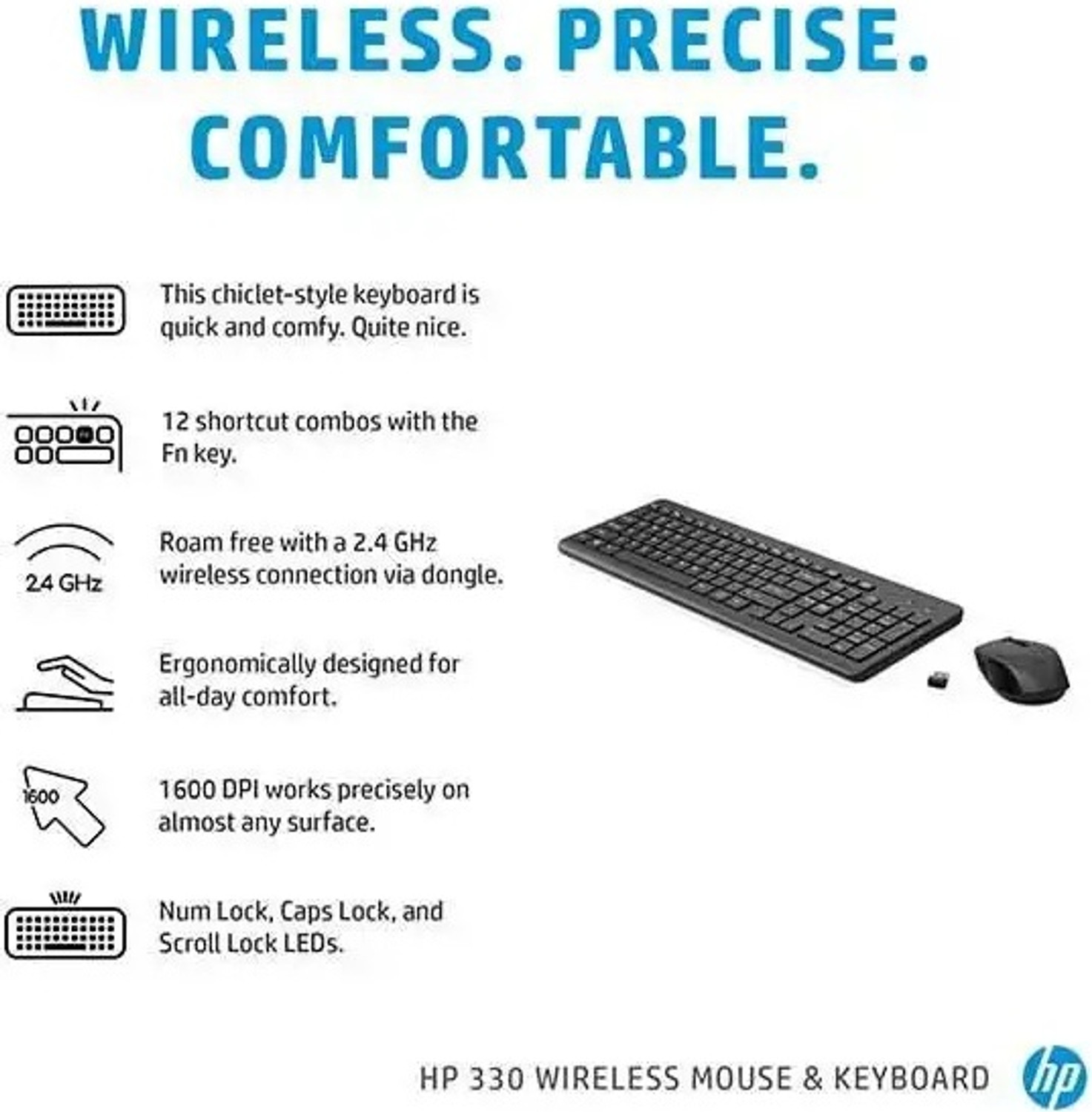 Image of HP 330 Mouse & Keyboard Combo Wireless Standard Desktop Keyboard Compatible with Desktop, Laptop, Mac Numeric Keypad /2.4GHz Wireless Connection /1600 DPI /USB Receiver /LED Indicators