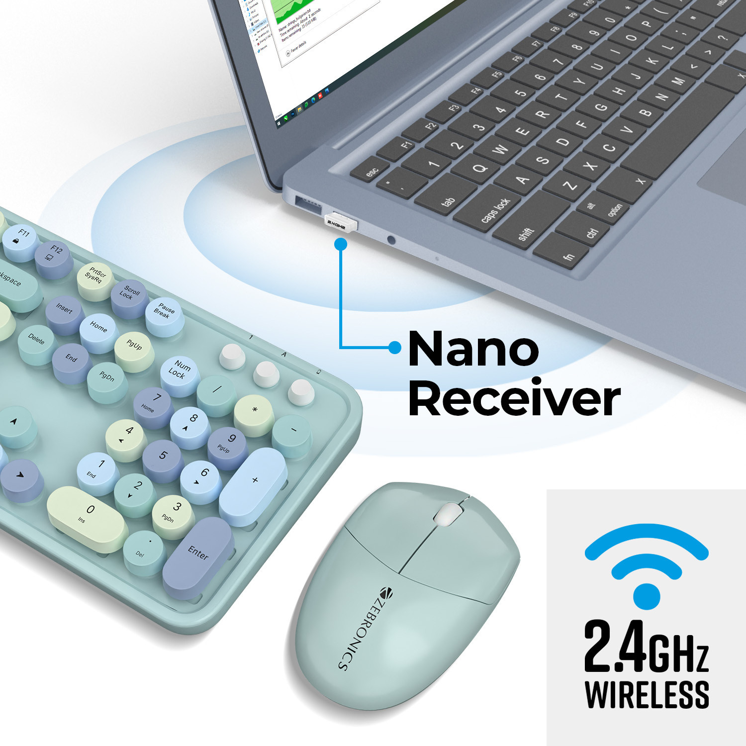 Image of ZEBRONICS Zeb-Companion 300 Wireless Keyboard with Retro Keys and Mouse set (BLUE) Wireless Standard Desktop Keyboard Compatible with Desktop, Laptop, Mac Zebronics-Companion 300 (Retro Style) Wireless Mouse & keyboard combo with 2.4GHz Nano receiver, Rounded Keys,Integrated Multimedia control and Power Saving Mode(Blue)