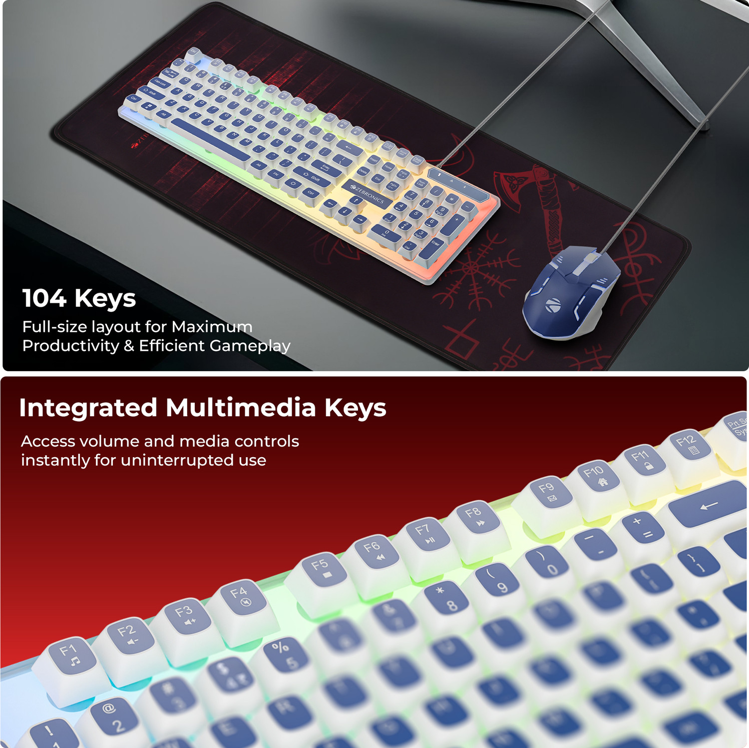 Image of ZEBRONICS ZEB-KKB 4(Zeb-War 2) White+Blue Wired USB Standard Gaming Keyboard Compatible with Laptop, Desktop