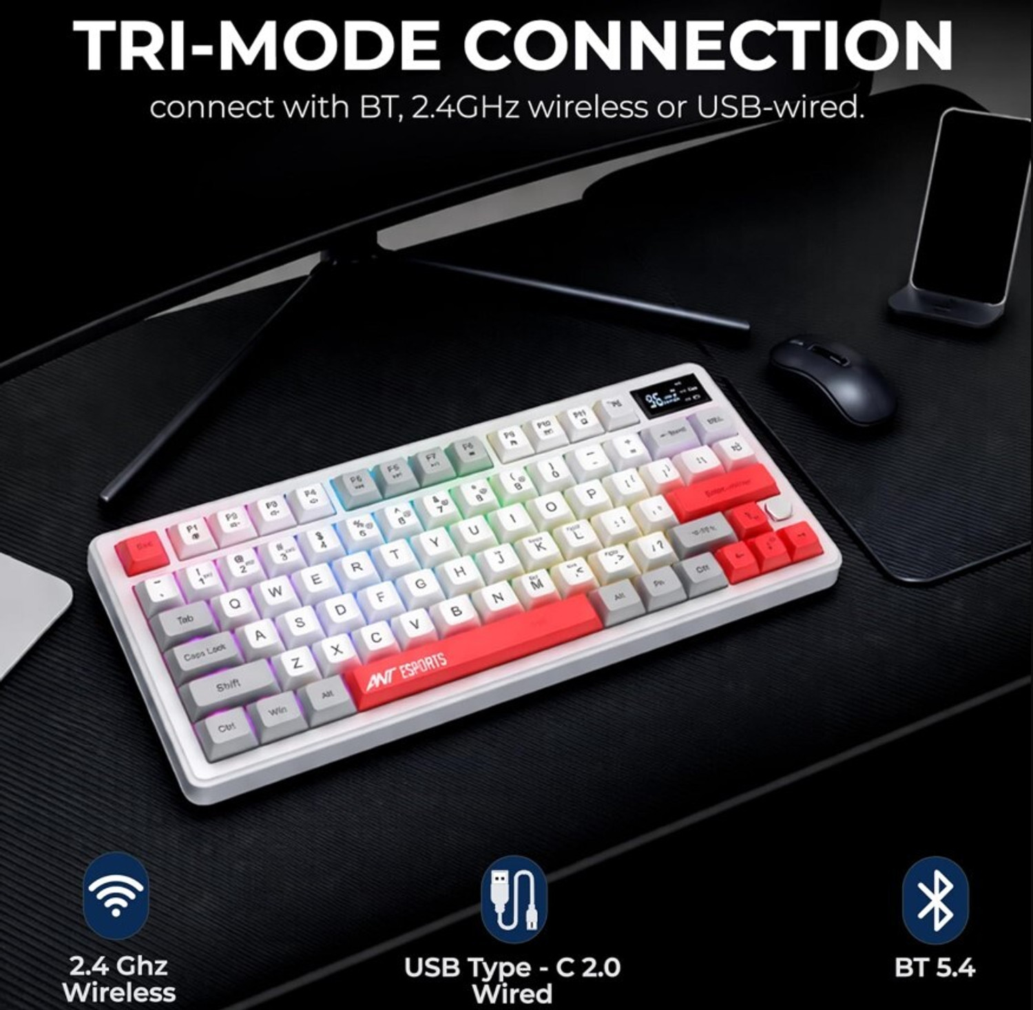 Image of Ant Esports Apex 200 - White Wireless, Wired USB, Bluetooth Tenkeyless Gaming Keyboard Compatible with Mac, iPad, Tablet