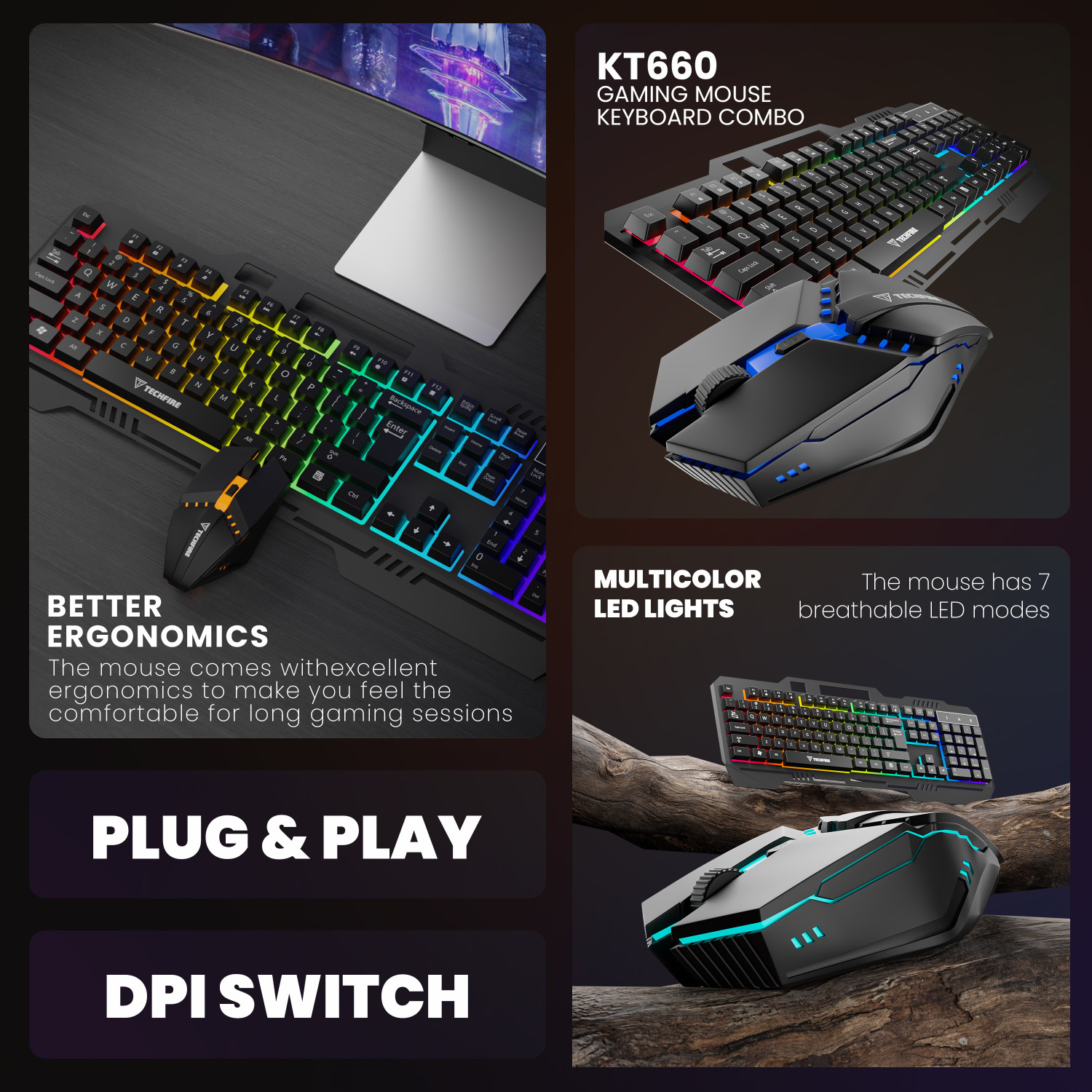 Image of Techfire KT660 Anti-ghosting, Aluminium body , Gaming Keyboard & Mouse Set Wired USB Standard Gaming Keyboard Compatible with Desktop, Laptop, Mac