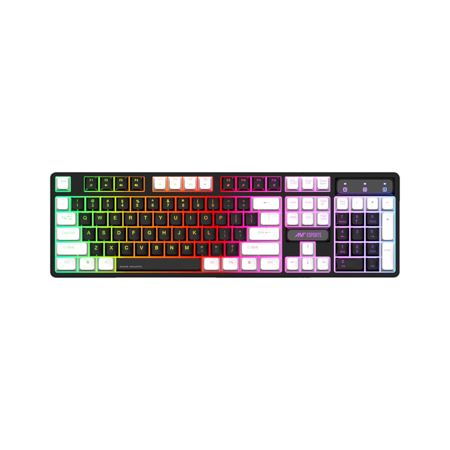 Ant Esports MK1400 / Rainbow LED Illumination, White and Black Keycaps, Backlit Membrane Wired USB Standard Gaming Keyboard Compatible with Desktop, Laptop, Mac Backlit Membrane Mixed Colour Lighting, White & Black Keycaps, Double Injection Key Caps