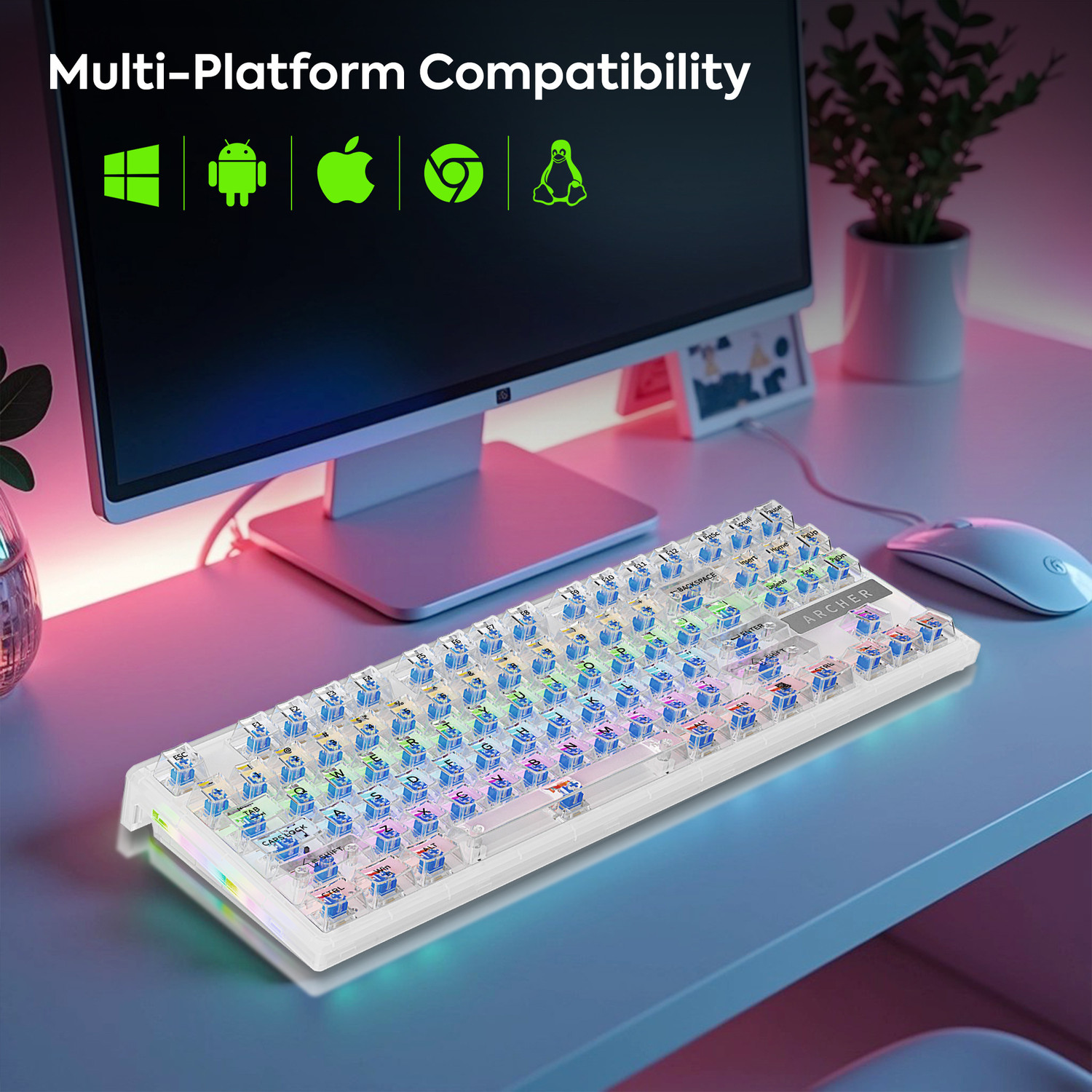 Image of Tizum Archer Tech Lab Wired USB, Wireless Standard Gaming Keyboard Compatible with Desktop, Laptop, Mac, Tablet