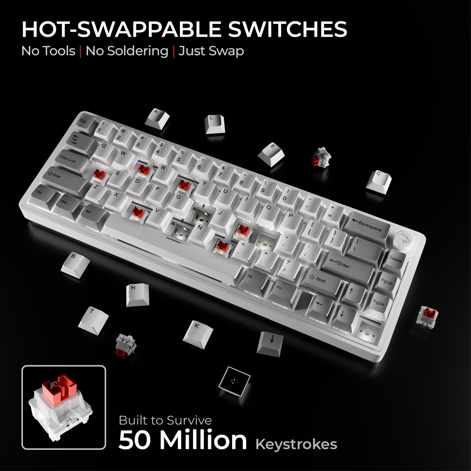 Image of Lethal Black Rogue 65% Wireless Mechanical Gaming Keyboard , Hot swappable and RGB backlit Wireless Handheld Gaming Keyboard Compatible with Desktop, Laptop, Mac With Tri mode Connectivity