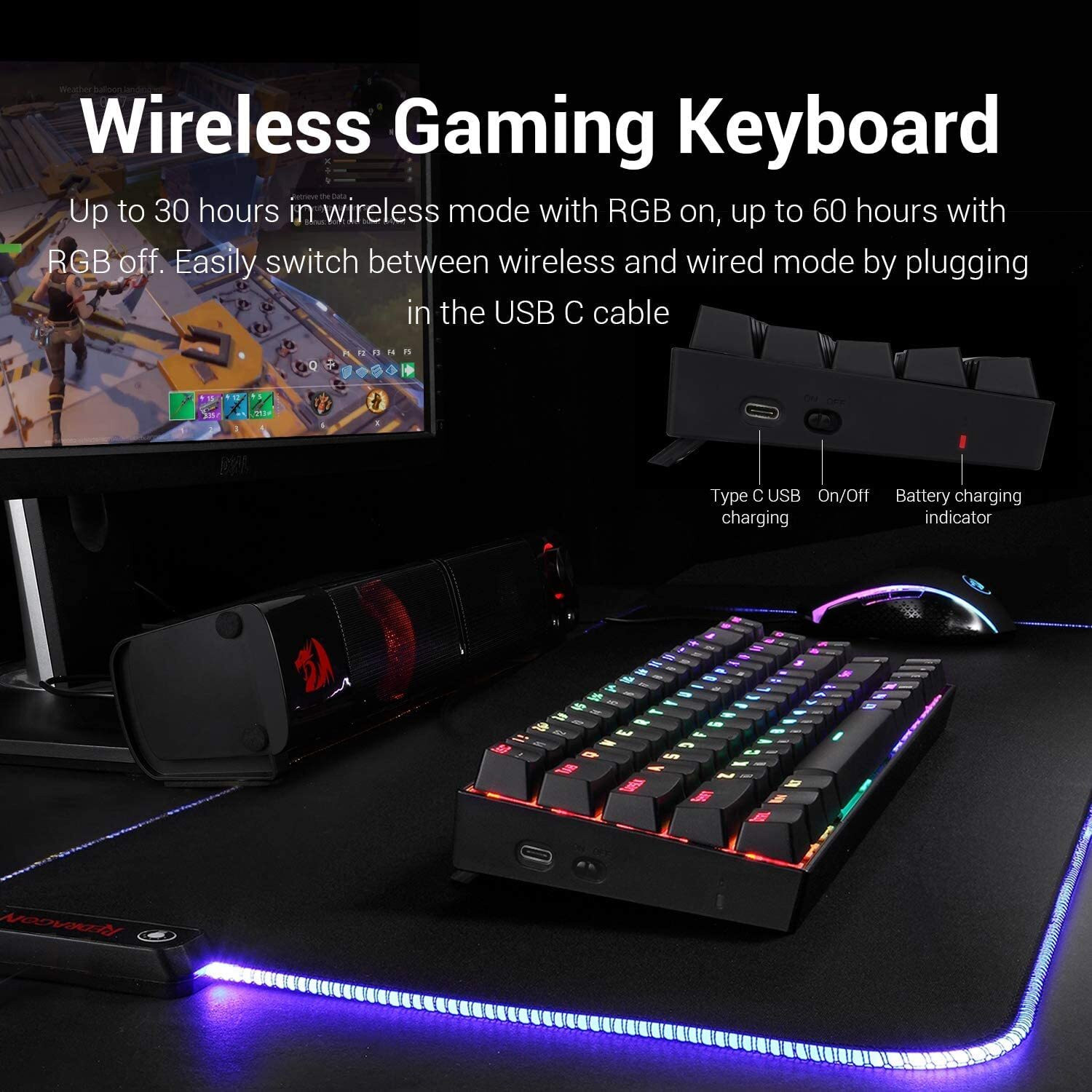 Image of Redragon (Open-Box) K599 Diemos RGB Backlit Anti-Ghosting Mechanical 2.4Ghz Wireless / Wired USB Tenkeyless Gaming Keyboard Compatible with Desktop, Laptop, Tablet