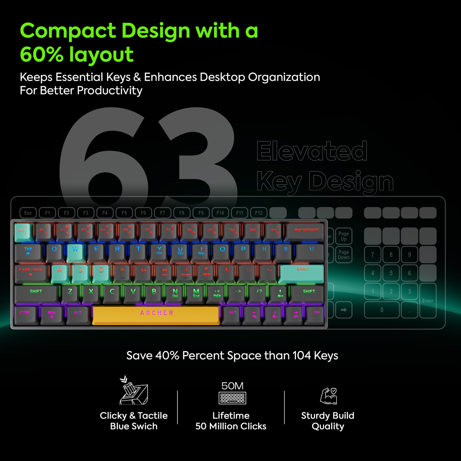 Image of Tizum Archer Tech Lab Wired USB Standard Gaming Keyboard Compatible with Desktop, iPad, Laptop, Mac, Tablet