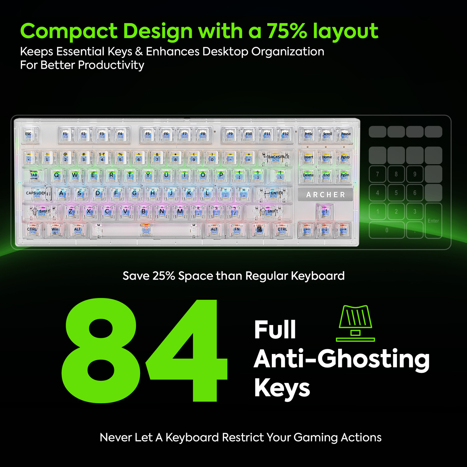 Image of Tizum Archer Tech Lab Wired USB, Wireless Standard Gaming Keyboard Compatible with Desktop, Laptop, Mac, Tablet