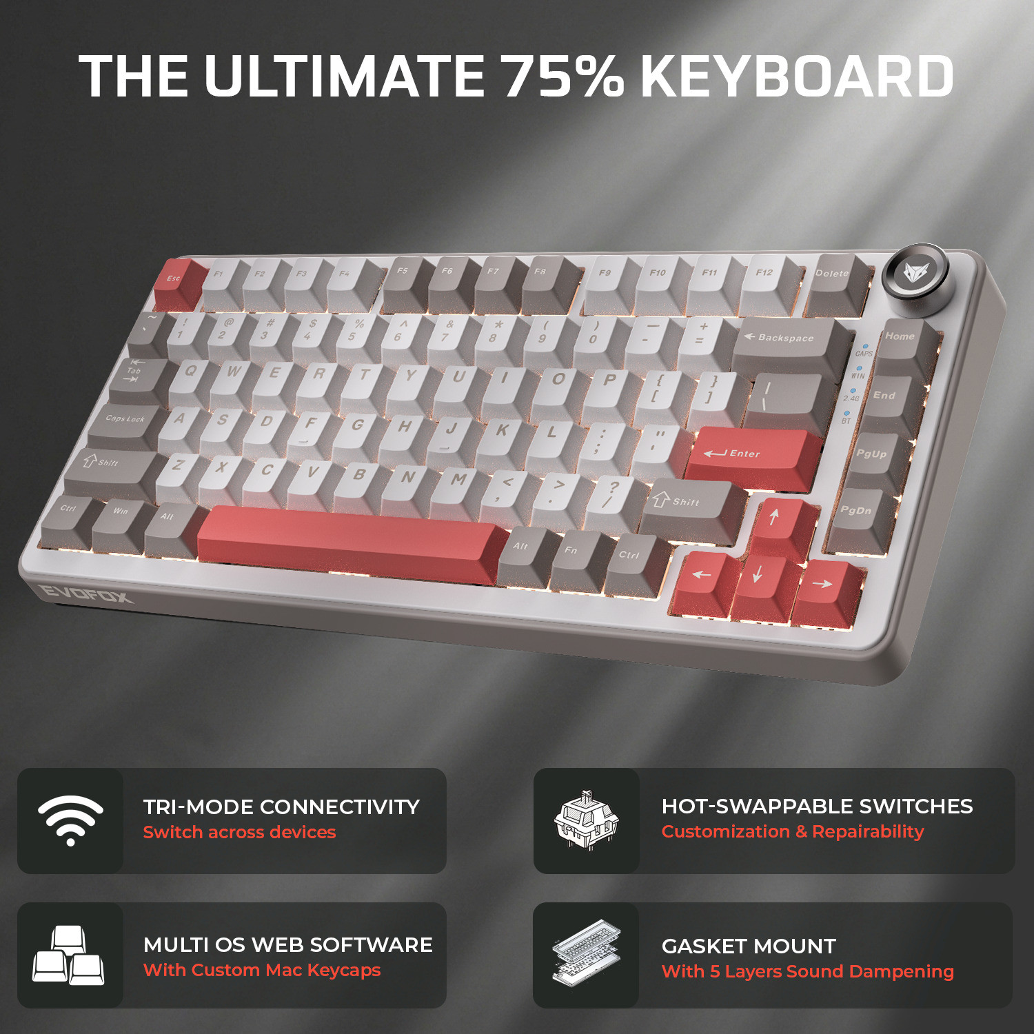 Image of EVOFOX Ronin X75 Tri-Mode with Gasket & Hot Swap Switches, Web Software Programmable Bluetooth, Wireless, Wired USB Tenkeyless Gaming Keyboard Compatible with Desktop, Laptop, Mac