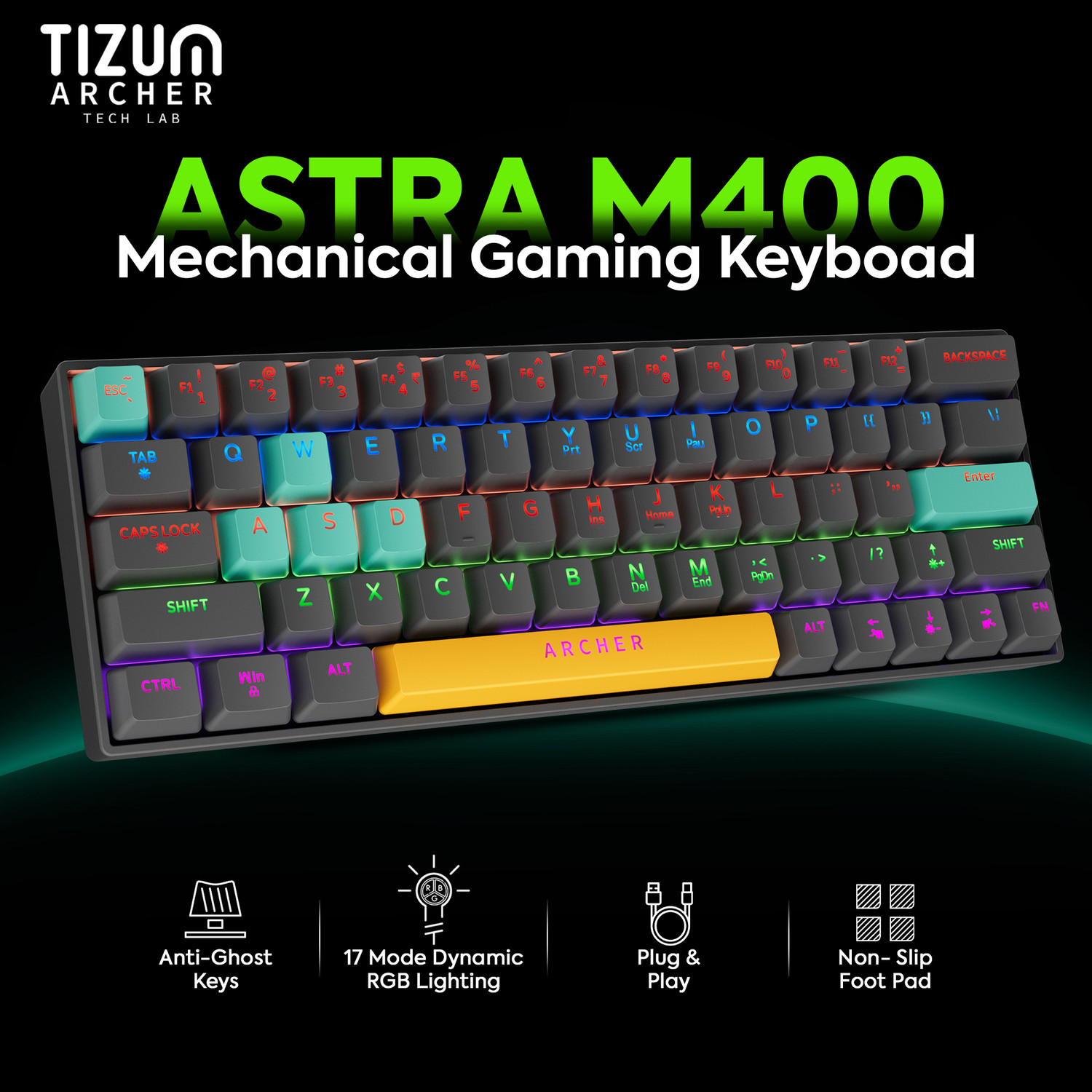 Image of Tizum Archer Tech Lab Wired USB Standard Gaming Keyboard Compatible with Desktop, iPad, Laptop, Mac, Tablet