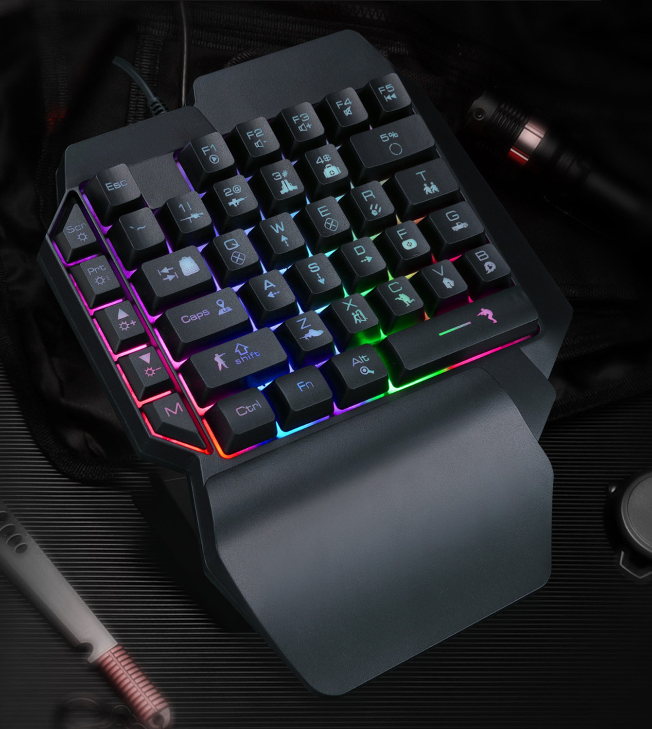 Image of DWH F6 One-Handed RGB Gaming Keyboard with Wrist Rest and backlit , 35 Keys Wired USB Laptop-size Gaming Keyboard Compatible with Desktop, Laptop, Mac