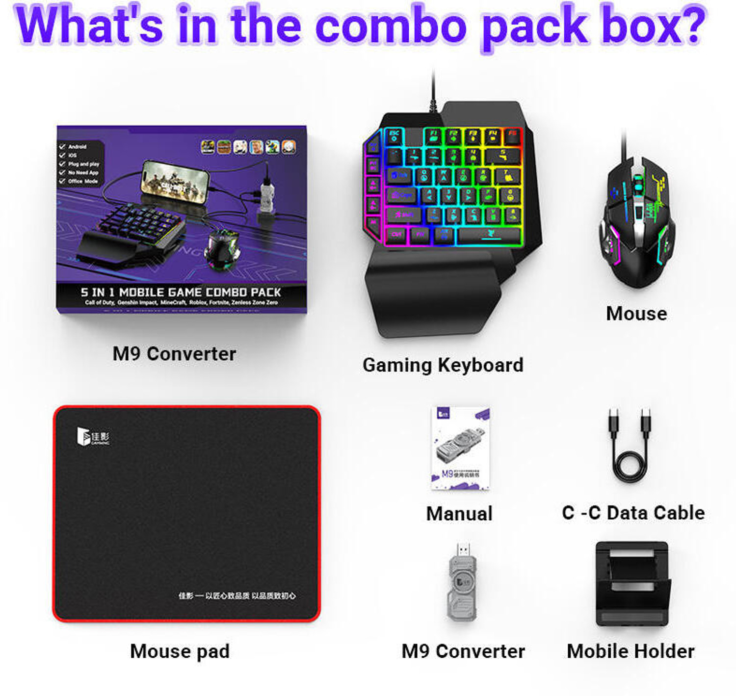 Image of AOKO 5 in 1 Mobile Game Combo Pack with RGB Mini Gaming Keyboard & Mouse Bluetooth Standard Gaming Keyboard Compatible with Desktop, Laptop, Mac