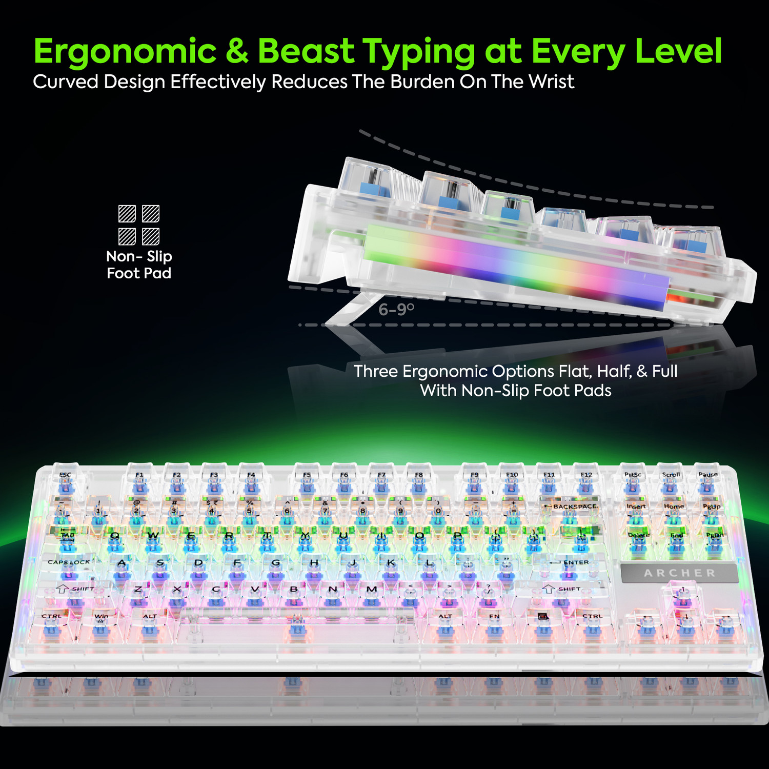 Image of Tizum Archer Tech Lab Wired USB, Wireless Standard Gaming Keyboard Compatible with Desktop, Laptop, Mac, Tablet