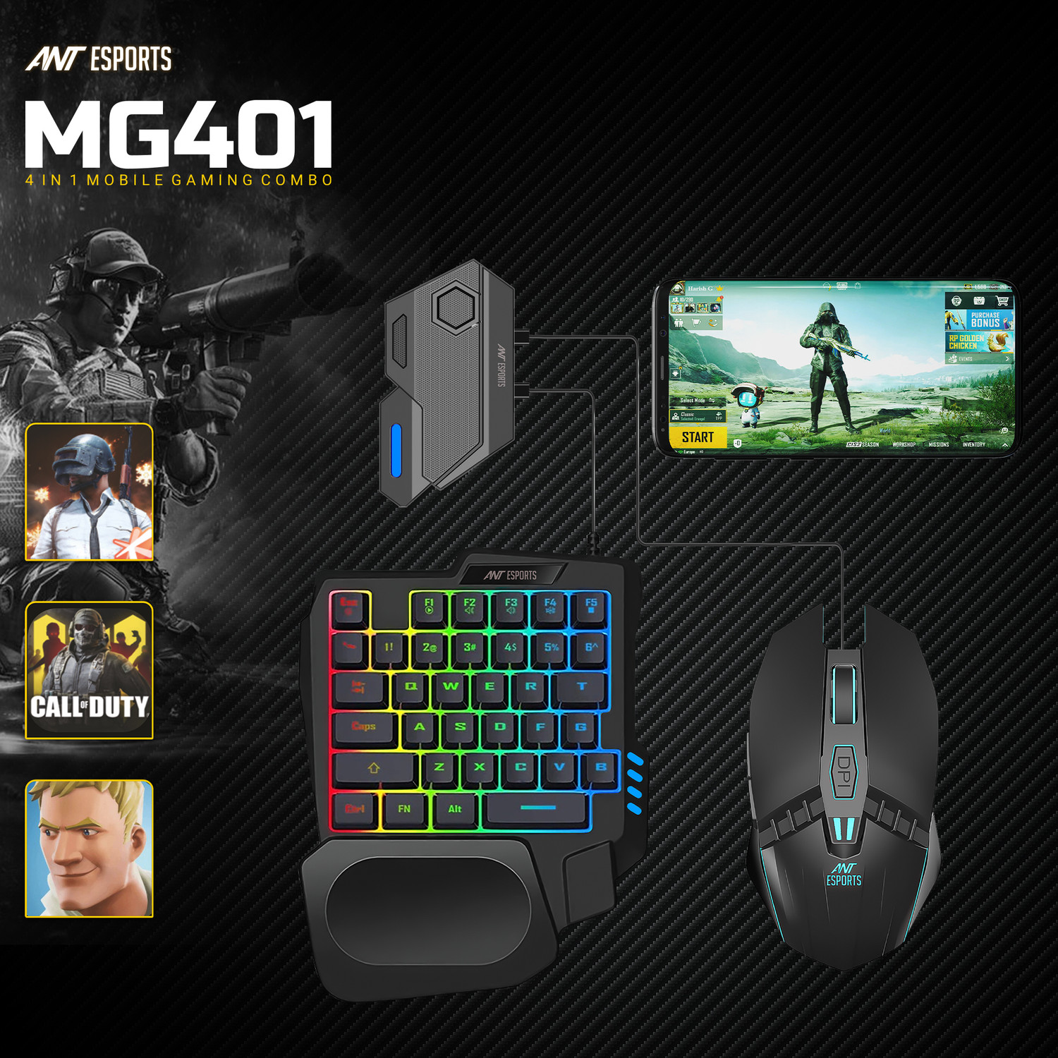 Image of Ant Esports MG401 Smart Connector Handheld Gaming Keyboard Compatible with Desktop, Laptop, Tablet