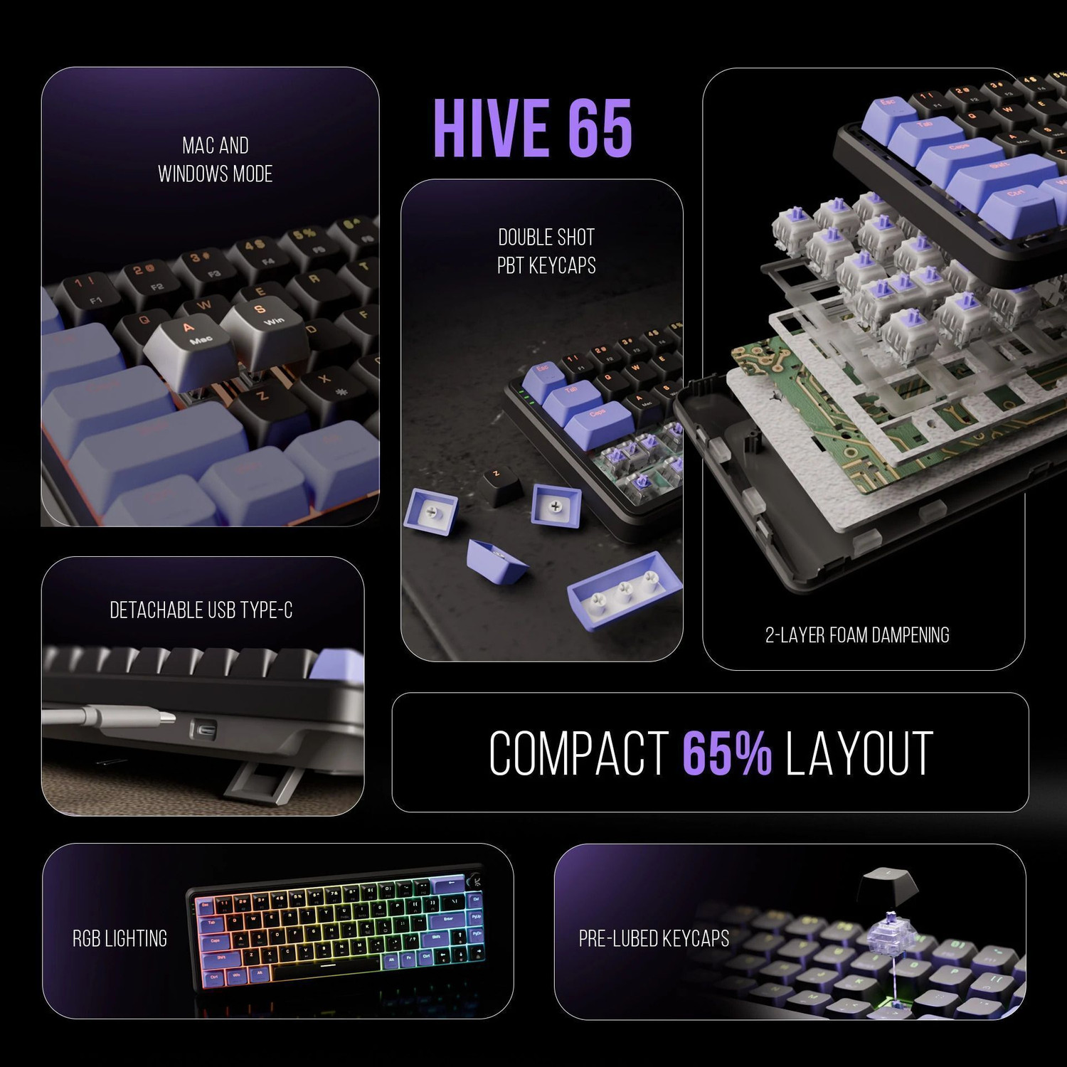Image of Kreo Hive 65% Compact Mechanical Gaming Keyboard Wired, Rgb & Multi OS Customizable Wired USB Laptop-size Gaming Keyboard Compatible with Desktop, Laptop