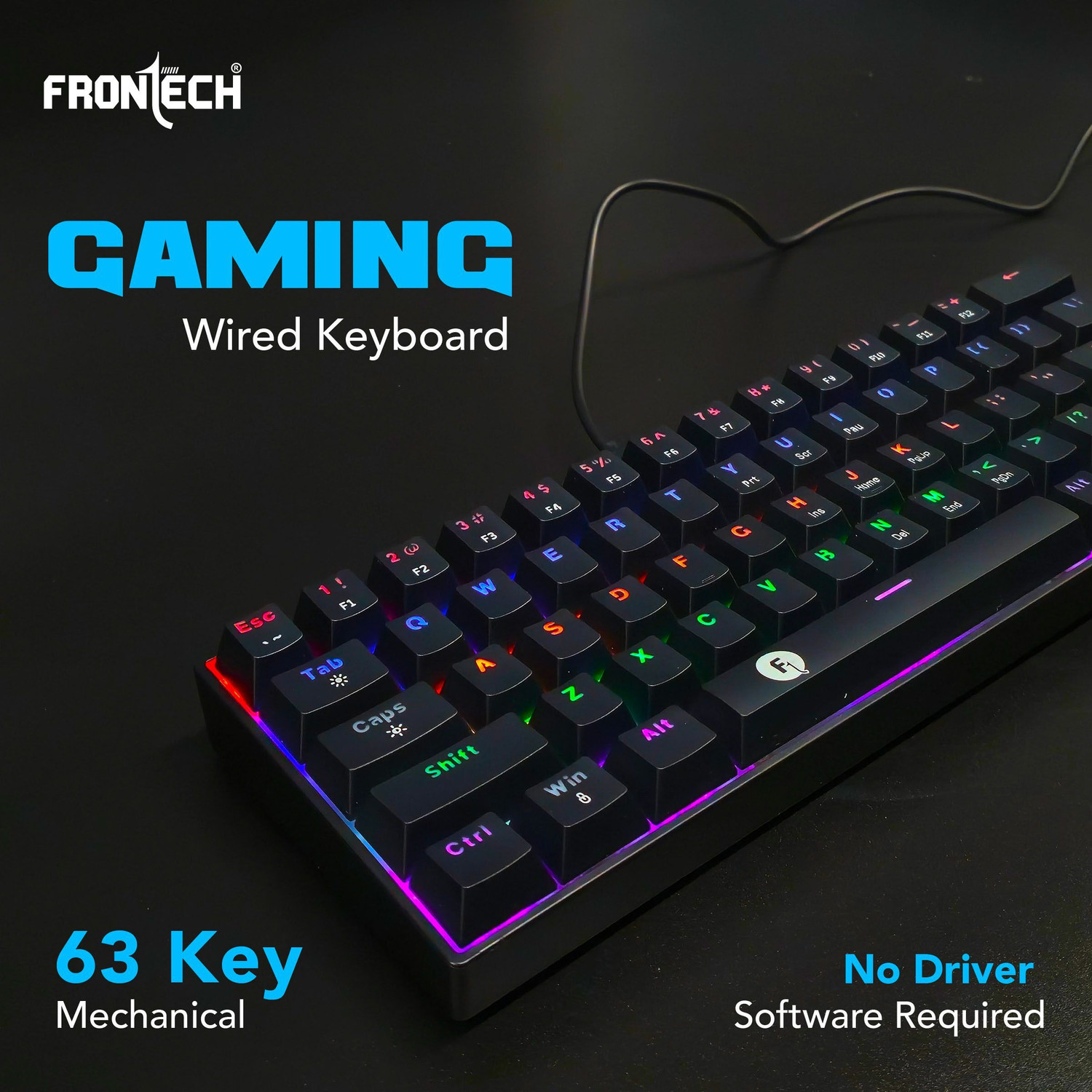 Image of Frontech 63-Key Mechanical Gaming Keyboard | Rainbow Backlit | 26 Anti-Ghosting Keys | Wired USB Standard Gaming Keyboard Compatible with Desktop