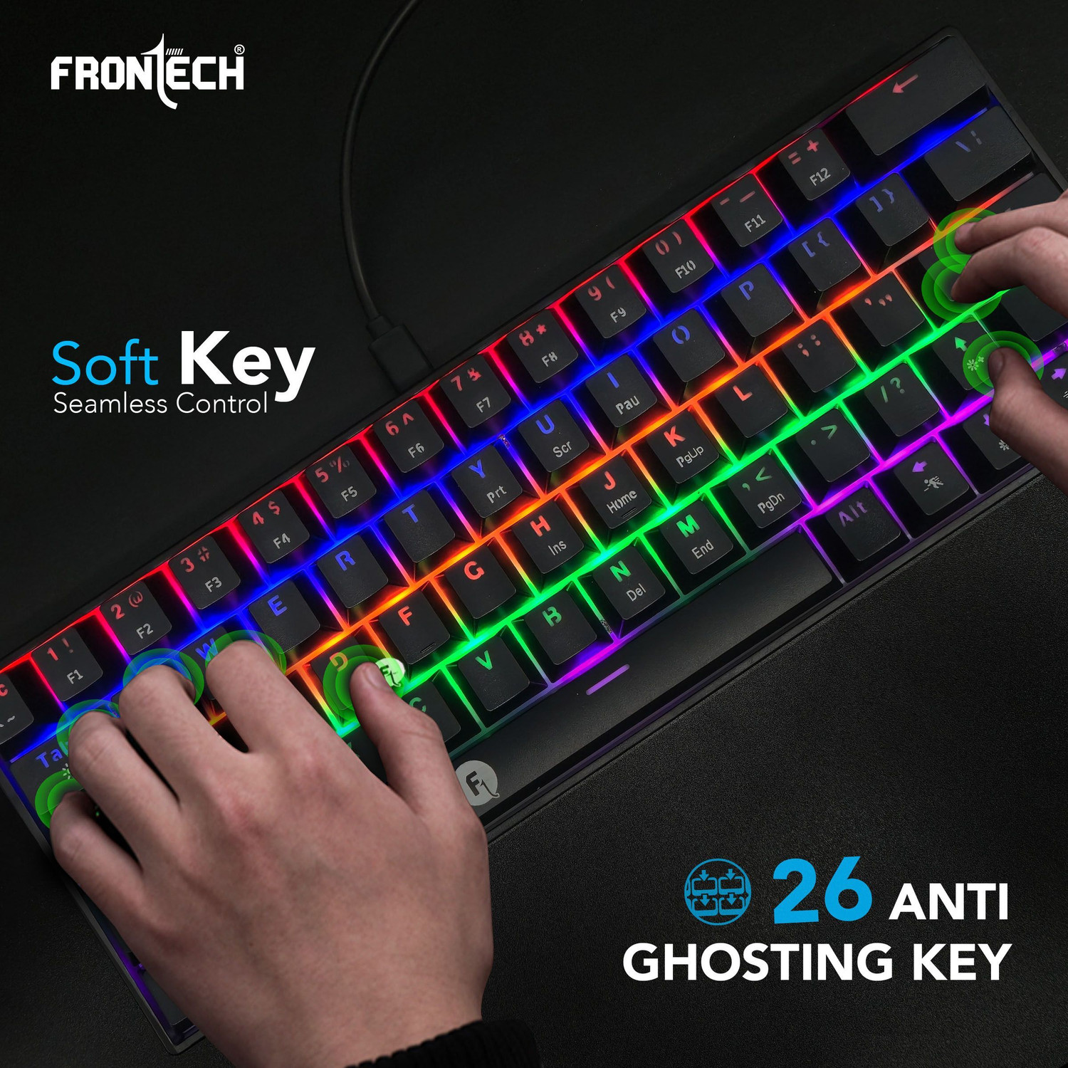 Image of Frontech 63-Key Mechanical Gaming Keyboard | Rainbow Backlit | 26 Anti-Ghosting Keys | Wired USB Standard Gaming Keyboard Compatible with Desktop
