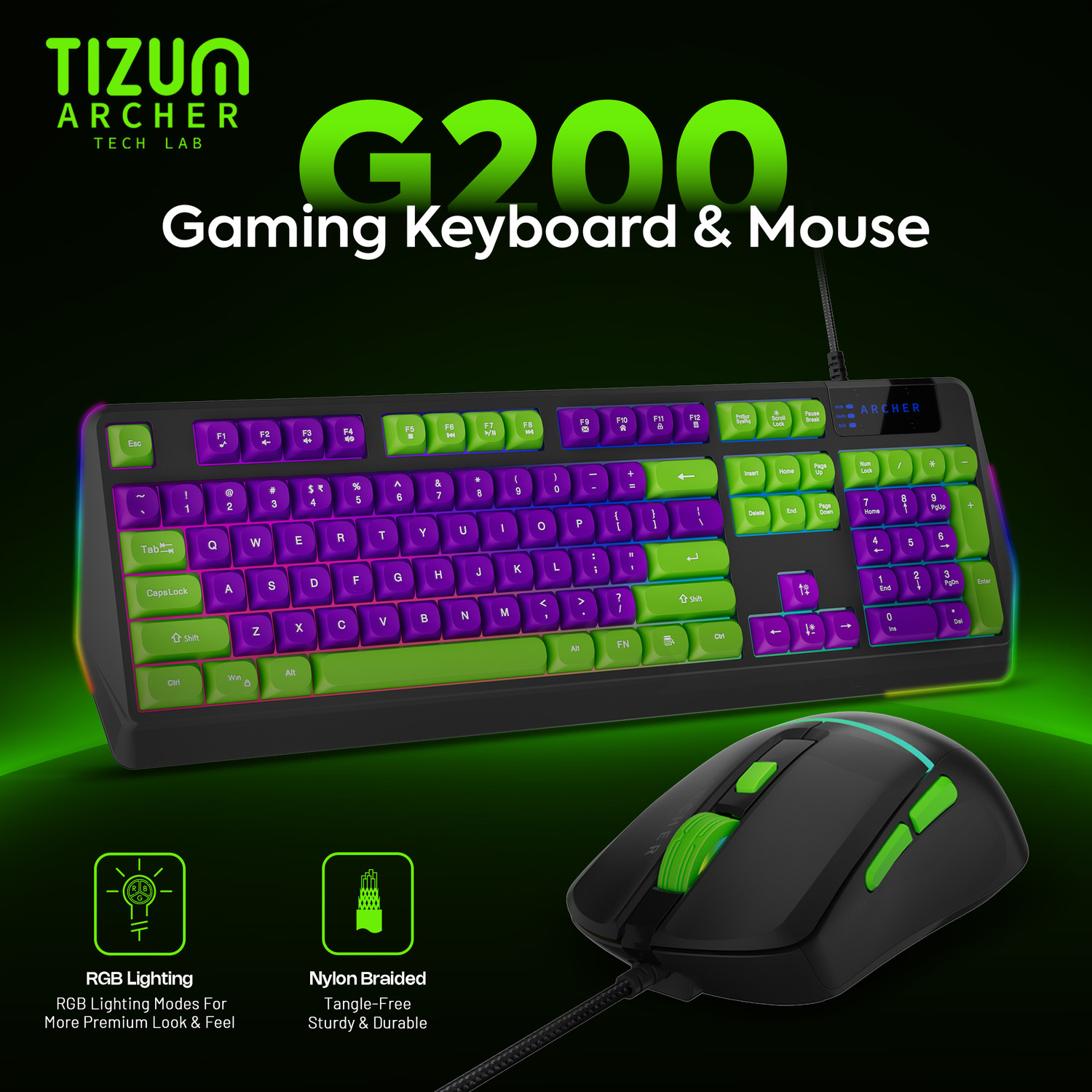 Image of Tizum Archer Tech Lab wired gaming keyboard & mouse combo Wired USB Standard Gaming Keyboard Compatible with Desktop, Laptop