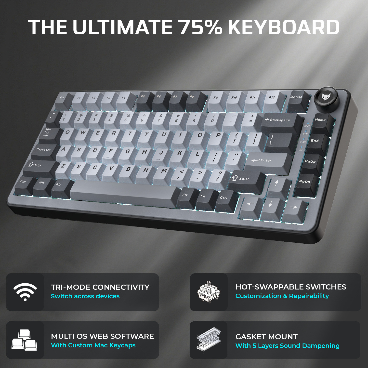 Image of EVOFOX Ronin X75 Tri-Mode with Gasket & Hot Swap Switches, Web Software Programmable Bluetooth, Wireless, Wired USB Tenkeyless Gaming Keyboard Compatible with Desktop, Laptop, Mac