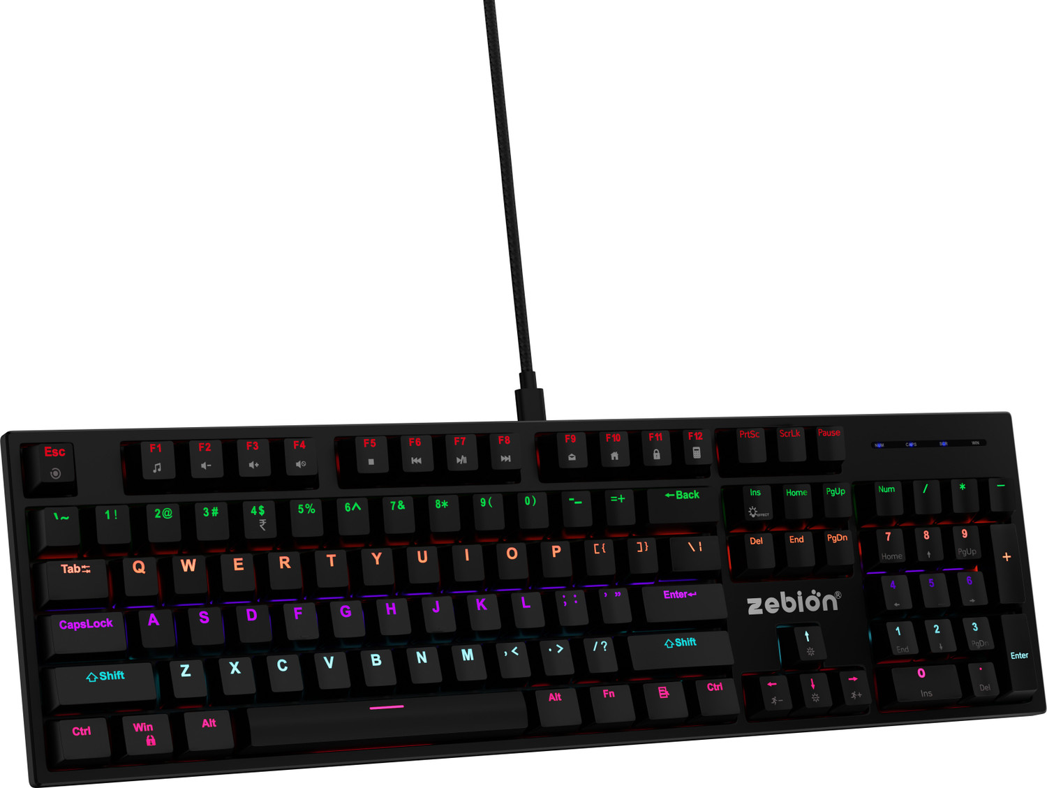 Image of zebion SPEAR,25 Anti Ghosting Keys, 16 Lighting Effects, Type C Braided Cable Wired USB Standard Gaming Keyboard Compatible with Desktop, Laptop, Tablet, Mac