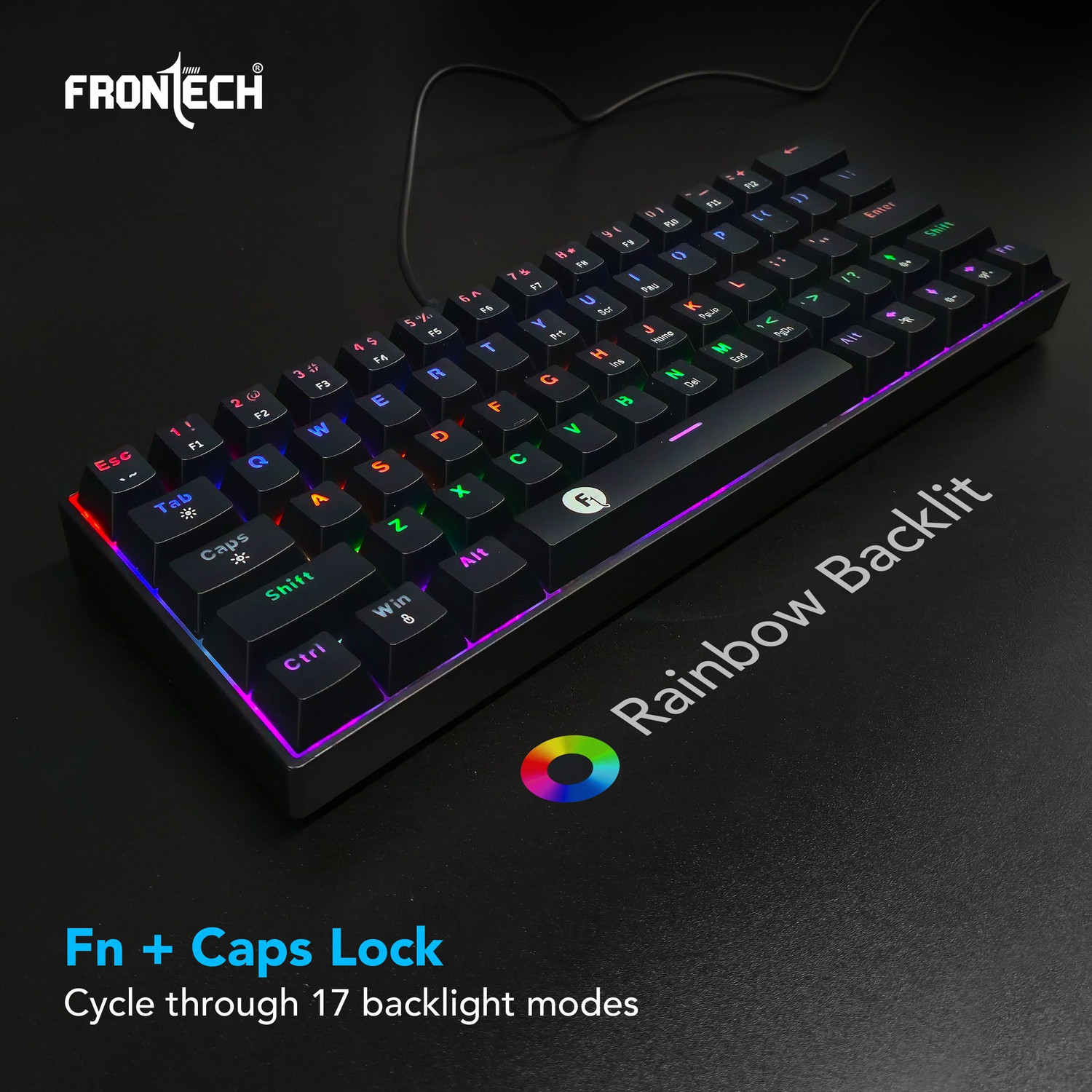 Image of Frontech 63-Key Mechanical Gaming Keyboard | Rainbow Backlit | 26 Anti-Ghosting Keys | Wired USB Standard Gaming Keyboard Compatible with Desktop