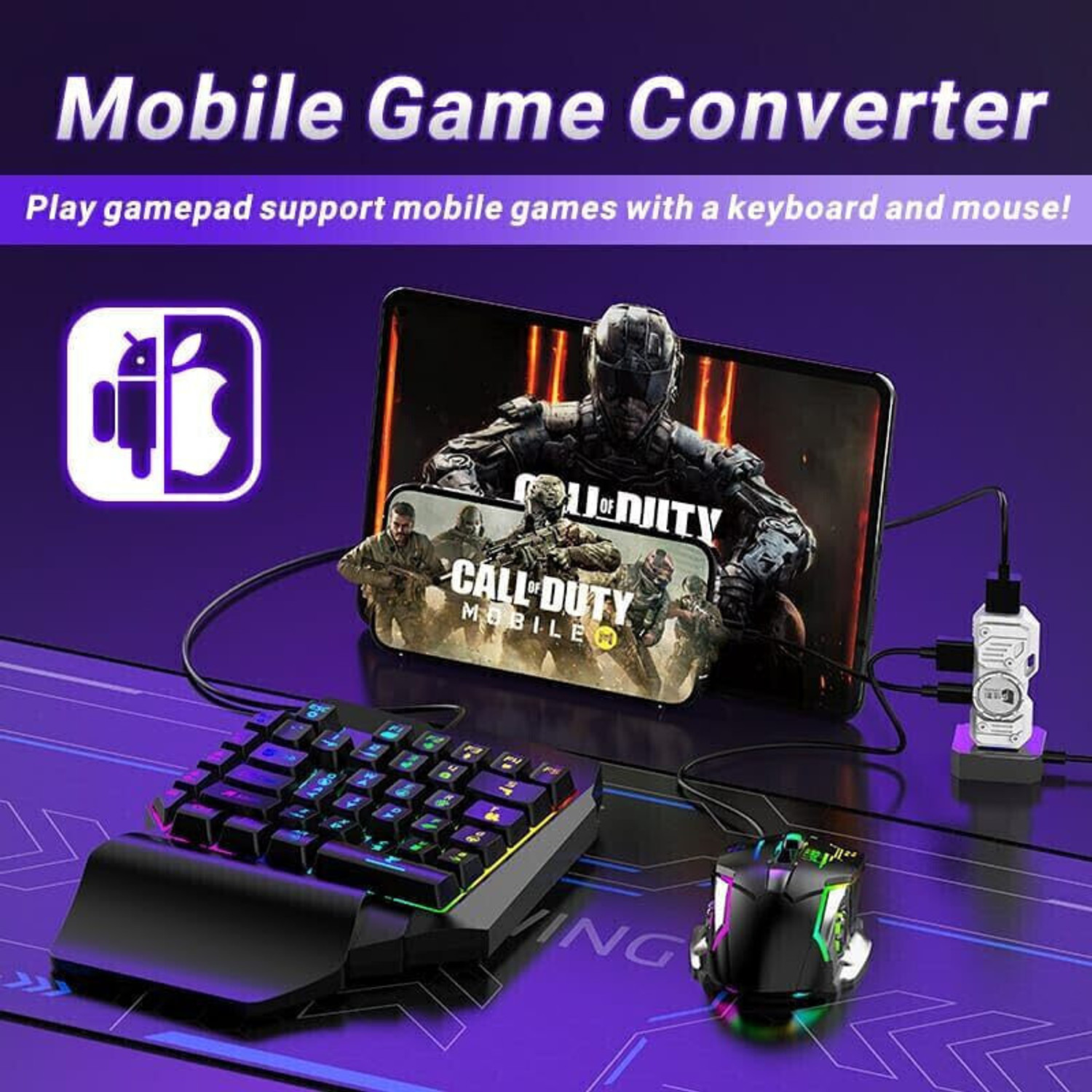 Image of AOKO 5 in 1 Mobile Game Combo Pack with RGB Mini Gaming Keyboard & Mouse Bluetooth Standard Gaming Keyboard Compatible with Desktop, Laptop, Mac