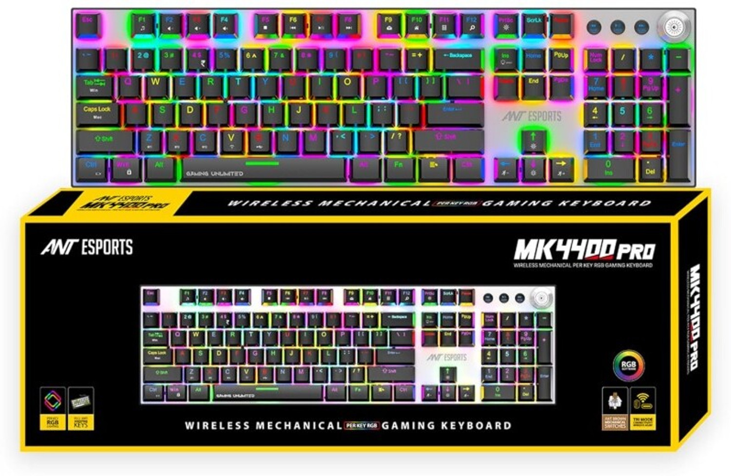 Image of Ant Esports MK4400 pro Brown Switch Wireless, Wired USB, Bluetooth Standard Gaming Keyboard Compatible with Desktop, Laptop, Tablet